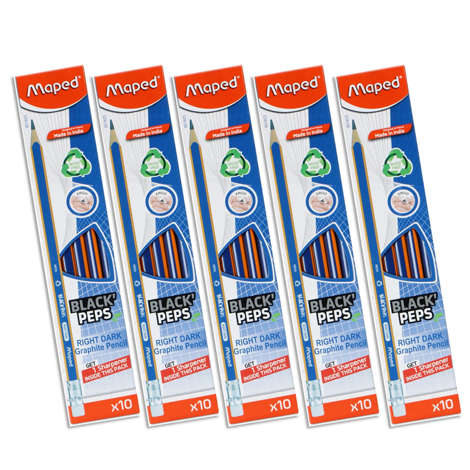 Maped Dark Graphite Pencil Set of 5X10pcs|Writing Pencils|50 Pencils with Eraser Tip, 5 Free Sharpeners|Triangular Shape for Easy Grip|Soft and Extra Dark|Wood-Free Pencils|Graphite Pencils|Extra Dark-image-23