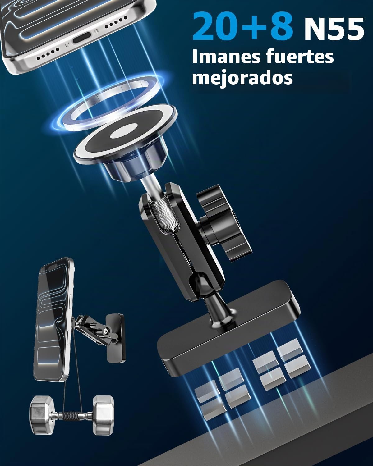 Soporte Magnético Doble Móvil Multifuncional, Ajustable 360° | Soporte Móvil Pared Iman para Gym/Frigorifico/Carretilla Elevadora/Tractor para Funda Mag-safe, iPhone, Teléfonos Android