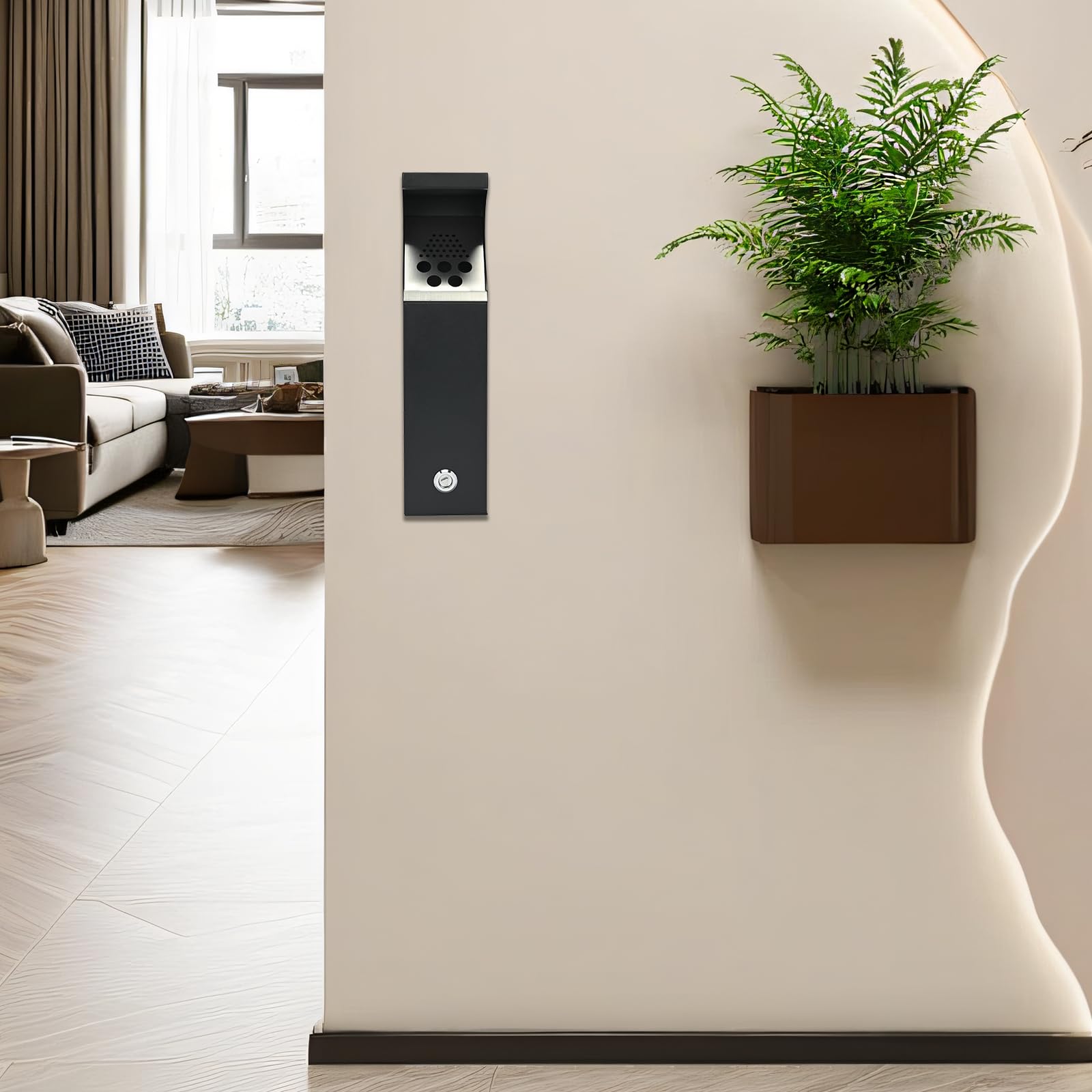 Cubo de basura comercial para exteriores, cubo de basura de cocina montado en la pared con llave, cubo de basura de 2,3 L, 5 agujeros, color negro, fácil de limpiar, 10 x 10 x 40 cm