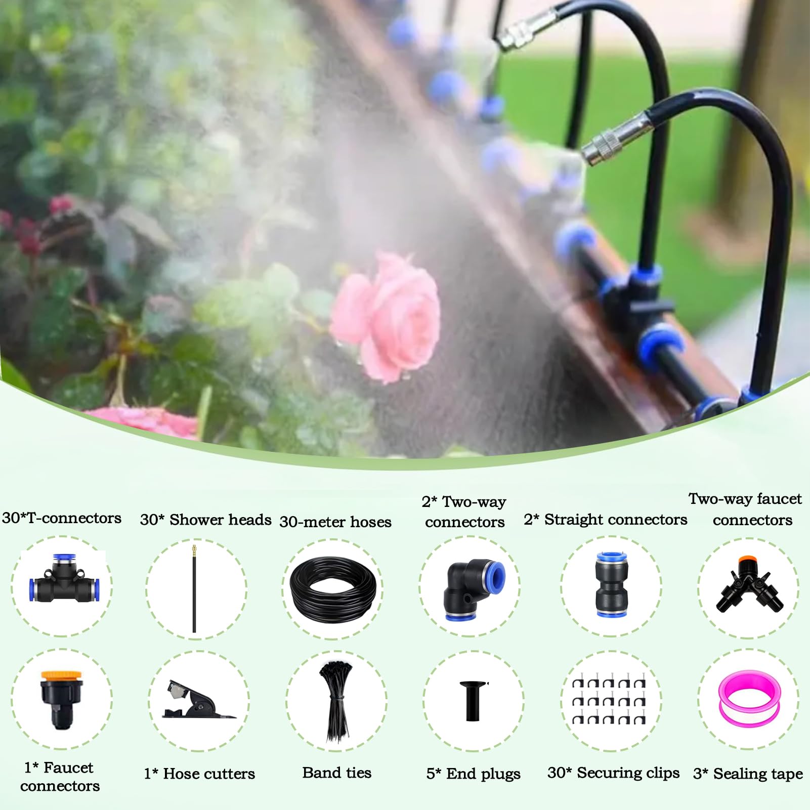 Sistema de riego de 30 m para jardín, sistema de riego ajustable a 360° | Kit de manguera de riego con 30 boquillas ajustables para balcón, jardín, invernadero
