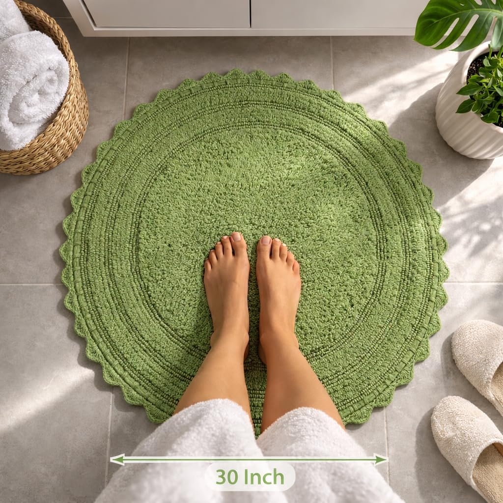 Royal Blaze Sage Green Reversible Cotton Bath Mat Round Crochet Border Bathroom Rug Round 30 Inches
