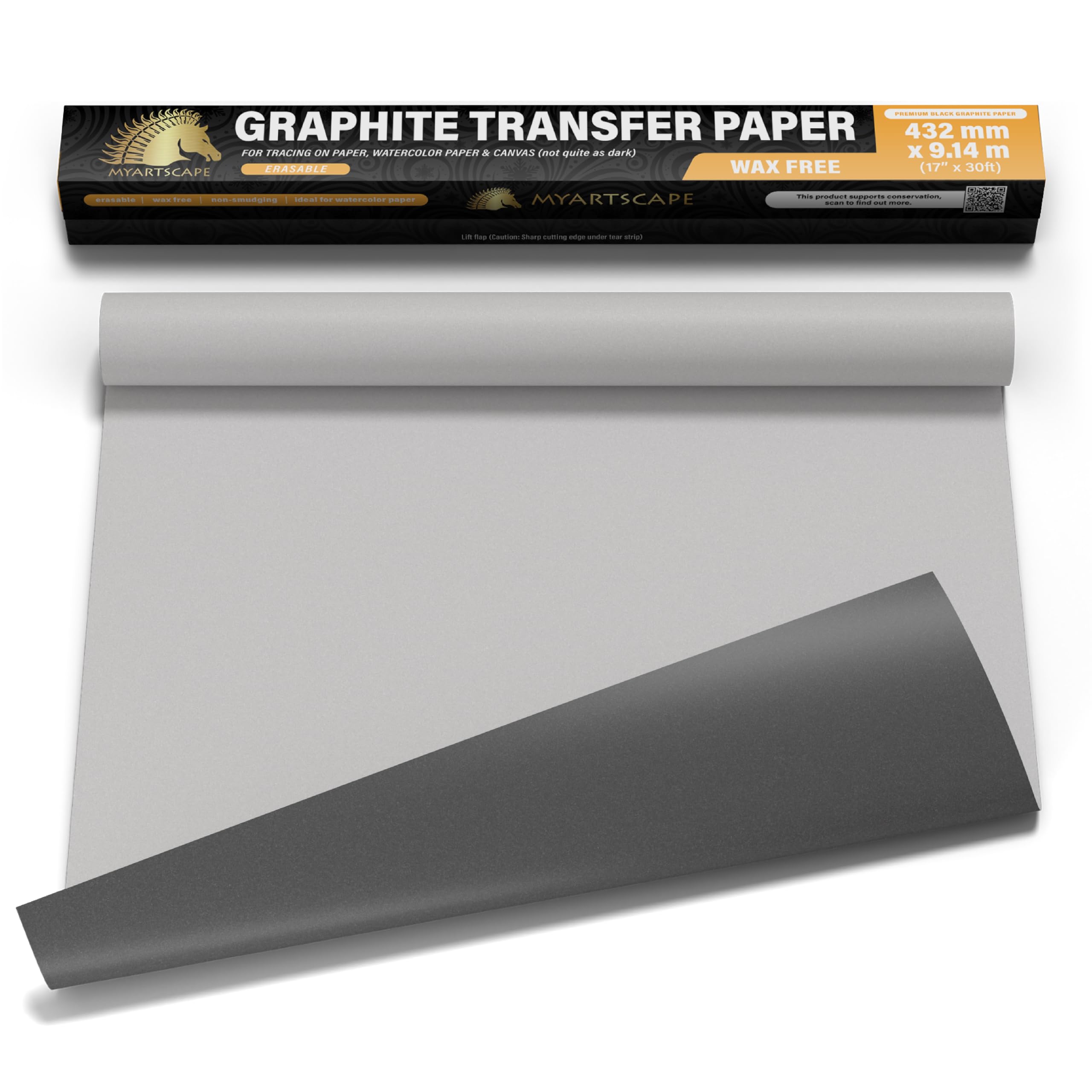 MyArtscape Graphite Transfer Paper Roll – 17" x 30ft Large Tracing Paper – Wax-Free Carbon Paper for Tracing on Canvas, Paper & Wood – Erasable Carbon Transfer Paper for Drawing & Sketching