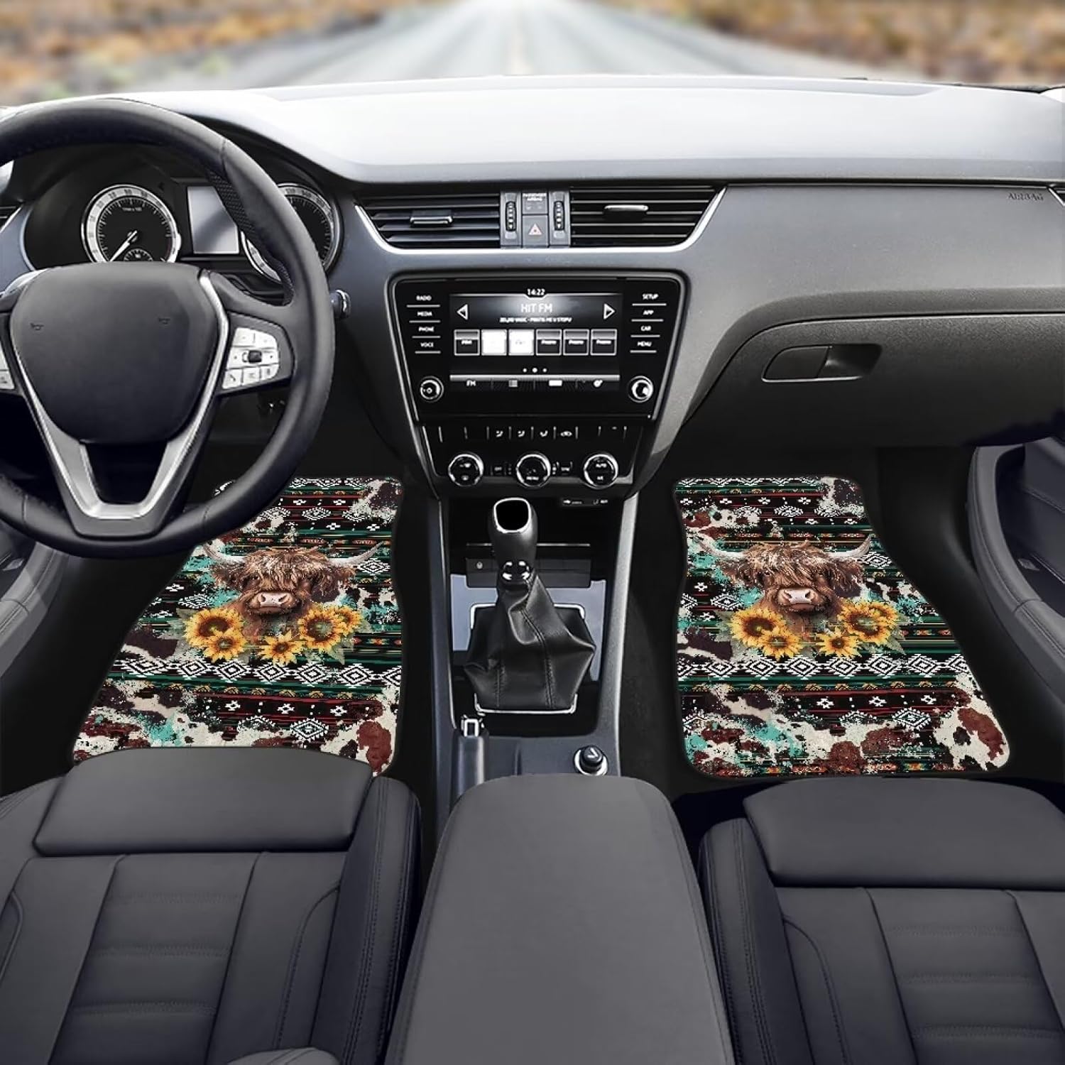 Wanyint Aztec Highland Cow Cattle Sunflower Auto Carpet Floor Mats for Car Van Truck SUV, 4 Pieces Front & Rear Full Set with Rubber Backing Universal Fit for Most Vehicles