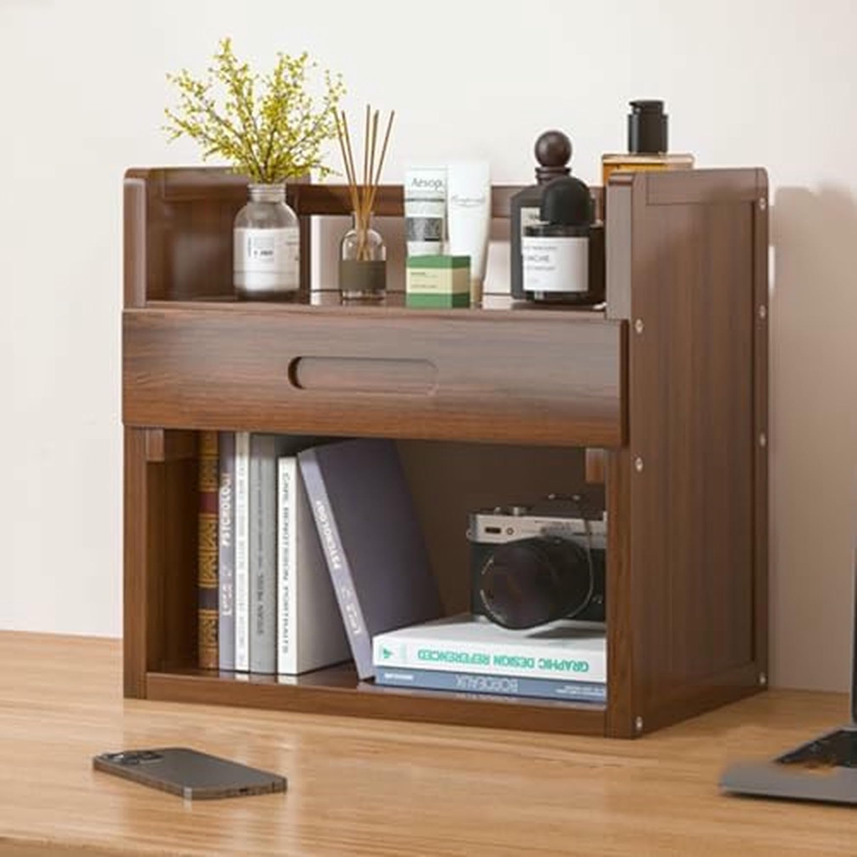 CWCQGH Walnut Desk Hutch Top Only - Desktop Bookshelf & Wooden Storage Rack for Home Office & College Dorm - Space-Saving Organizer with Drawer for Counters,Walnut Two-layer+Drawer-70cm