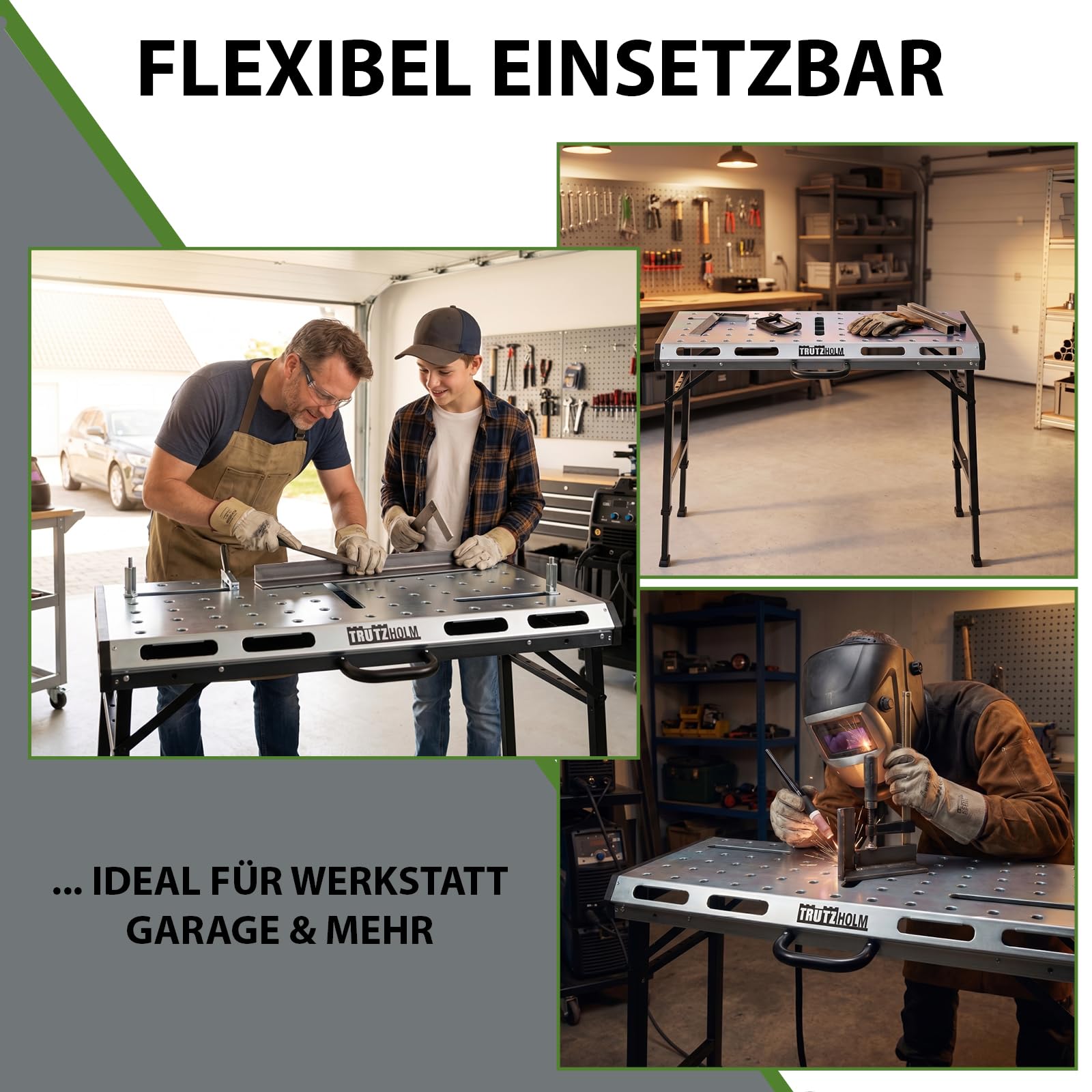 TRUTZHOLM Schweißtisch klappbar 450kg 7-Fach höhenverstellbar 71-93cm Werkbank mit Lochraster Arbeitsfläche 106 x 53 cm Werkstatttisch für Schweißen Montage Garage Metallbearbeitung