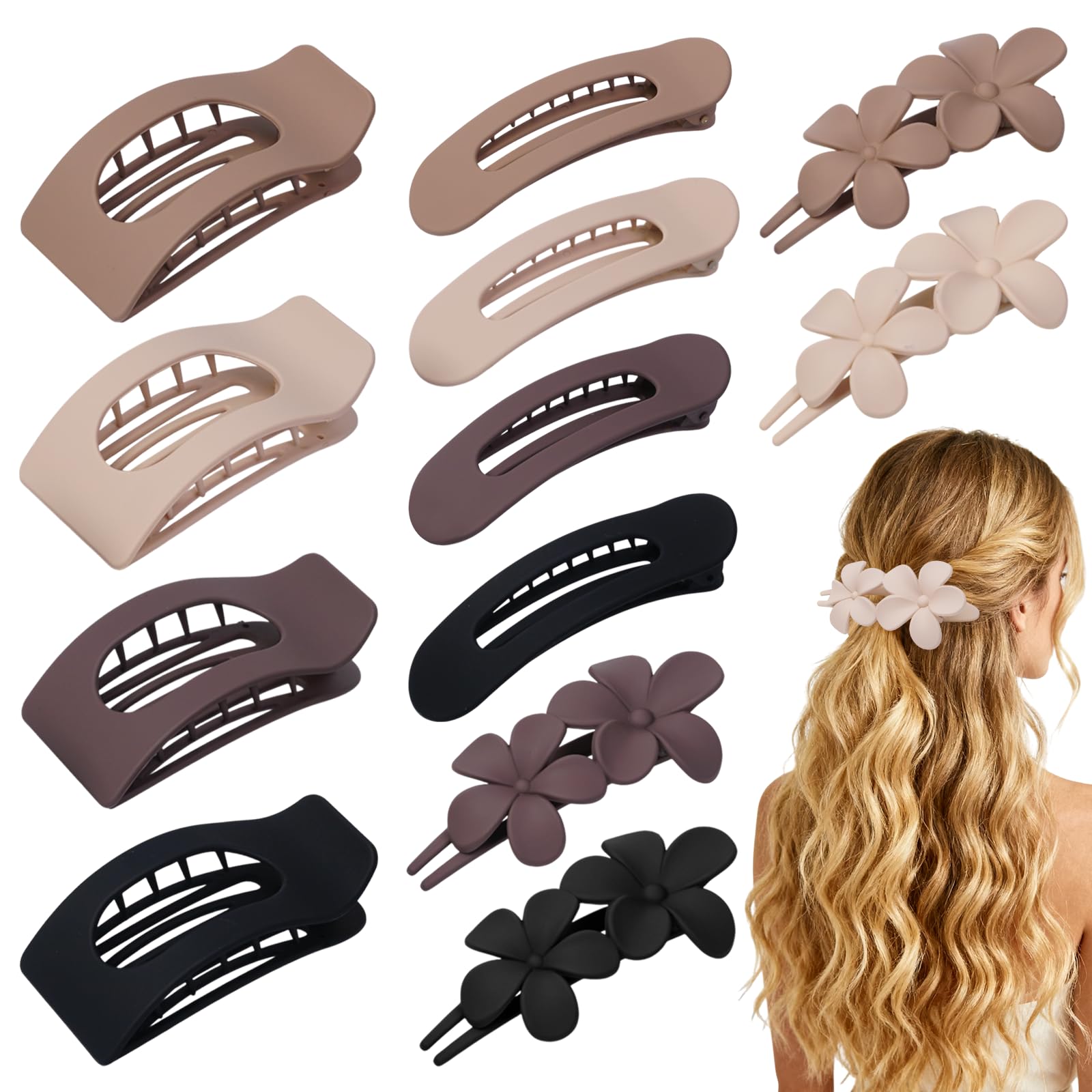 Photo 1 of 12 Pack Flat Hair Clips for Women – Matte Neutral Square Claw Clips, Flat Barrettes & Flower Pins in Black, Blonde,Light Brown & Dark Brown, Soft Touch Hair Accessories for Thick & Thin Hair