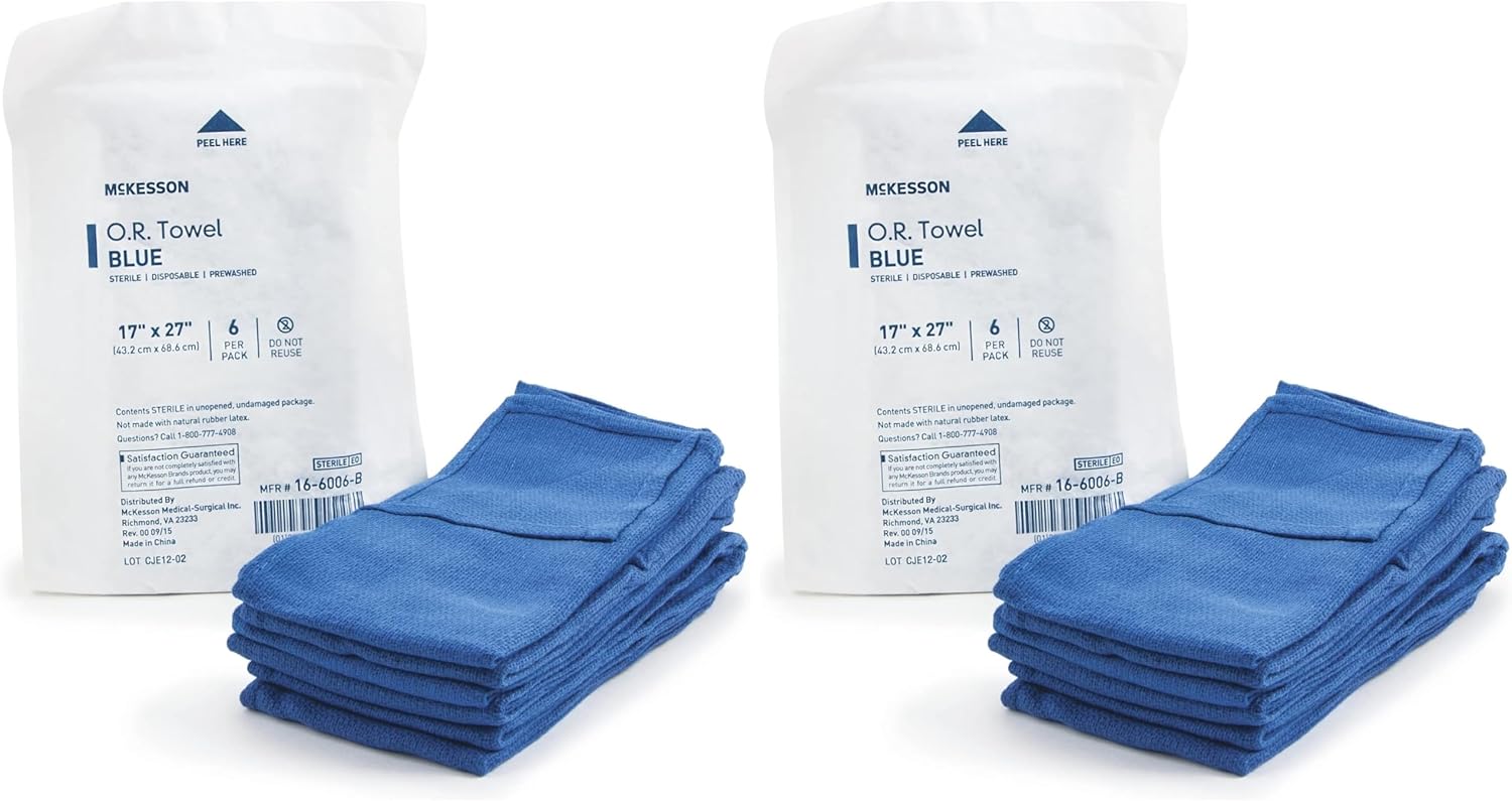 McKesson Operating Room Cotton Towels, Sterile, Disposable, Pre-Washed, Blue, 17 in x 27 in, 6 Towels, 2 Pack
