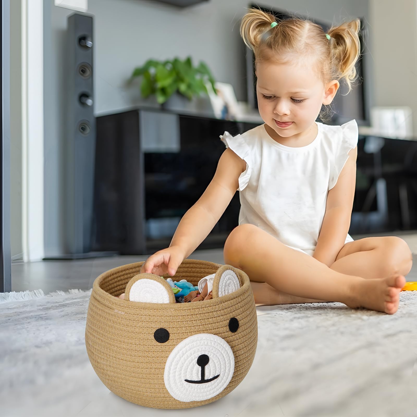 PandaEar Cesto in Corda di Cotone per Bambino, Cesto Regalo per Bambino, Organizzatore per Lenzuola da Nursery con Design Adorabile di Orso per Conservare gli Essenziali per Neonati (Marrone)