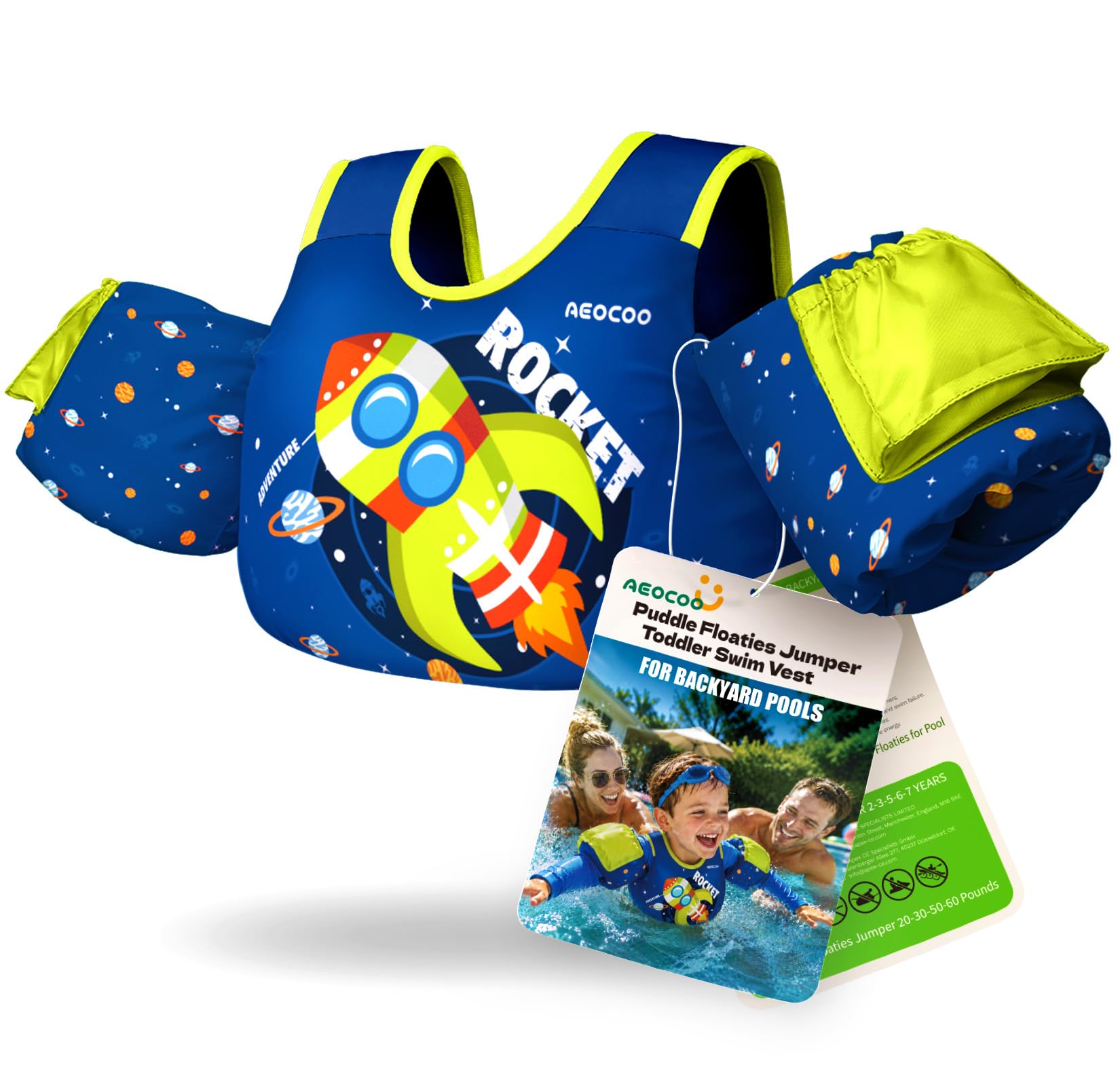 Photo 1 of AEOCOO Toddler Swim Vest for 20-30 Pounds Kids, Puddle Pool Jumper for 1-2-3 Boys & Girls & Niños, Toddler Swim Aid Water Wings with Arm Floaties, Fun Patterns Float for Swimming Pool, Rocket