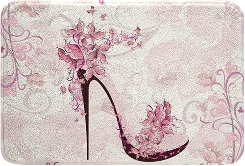 Miniatura 1 de Alfombra de baño con zapatos de tacón alto, decoración de baño de felpa floral y mariposa, antideslizante, suave, de microfibra para ducha, baño,