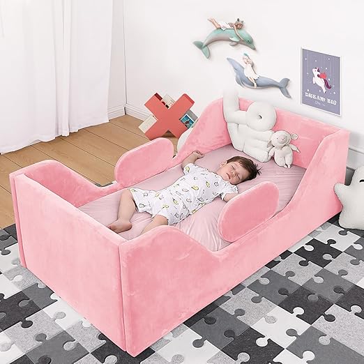 Toddler Bed, Child Bed for Kids with Extra Safty Broad, Standard Crib Size Toddler Bed, Certified Fabric Toddler Beds,Toddler Flood Bed (Pink)