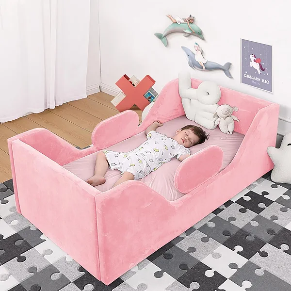 weeonekids Toddler Bed, Child Bed for Kids with Extra Safty Broad, Standard Crib Size Toddler Bed, Certified Fabric Toddler Beds,Toddler Flood Bed (Pink)