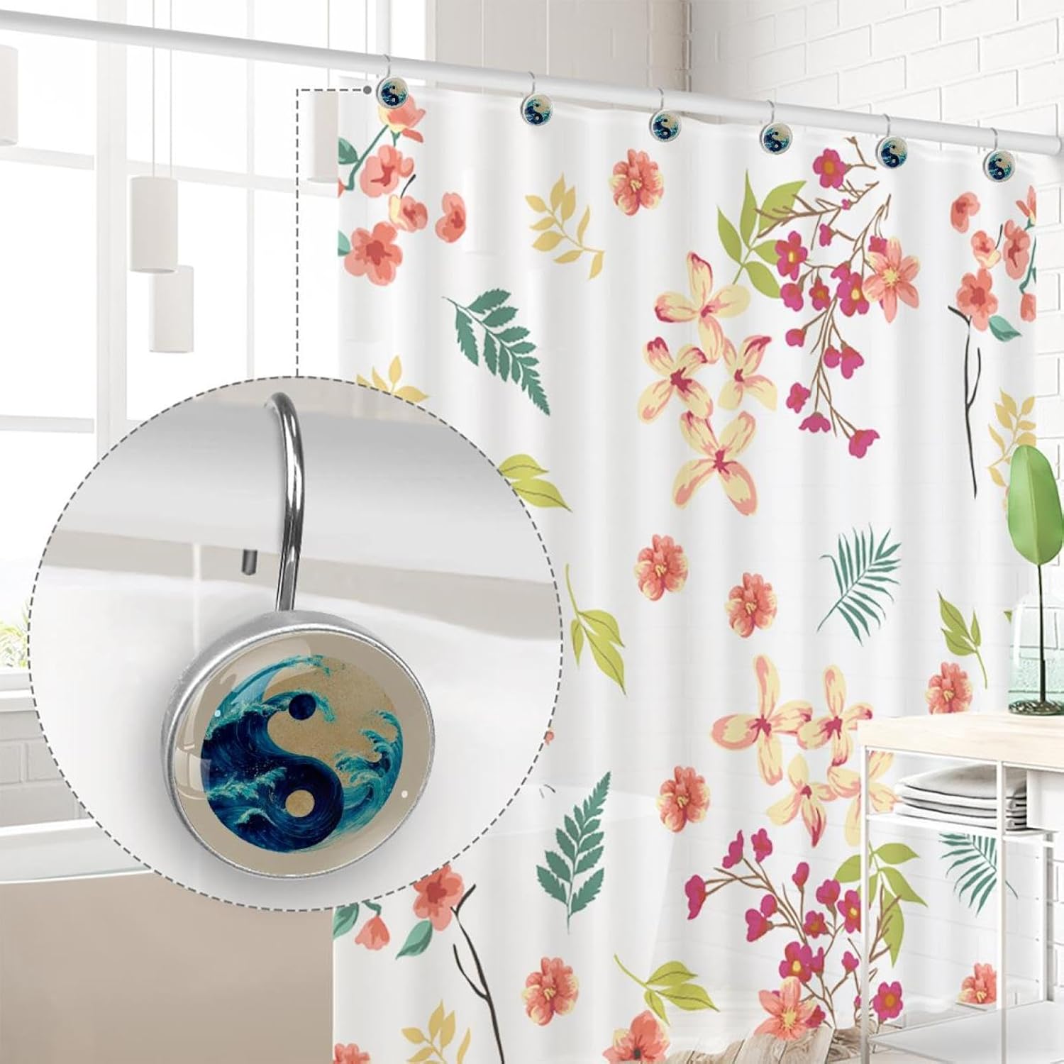 Swirling Waves (3) Round Crystal Glass Decorative Shower Curtain Hooks with 3D Pattern Visual, Rust Proof Shower Curtain Rings-12 Pack