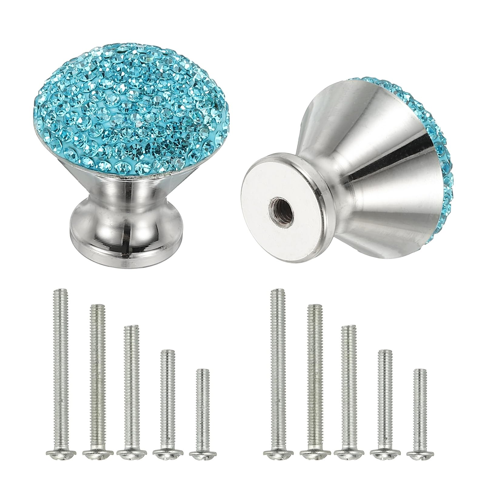 sourcing map Drawer Knobs,2Pcs 1.1 Inch (28mm) Diameter Bling Diamond Decoration Cabinet Knob, Round Rhinestones Pull Handle with Screws for Home, Office, Kitchen(White Base + Lake Blue Diamond)