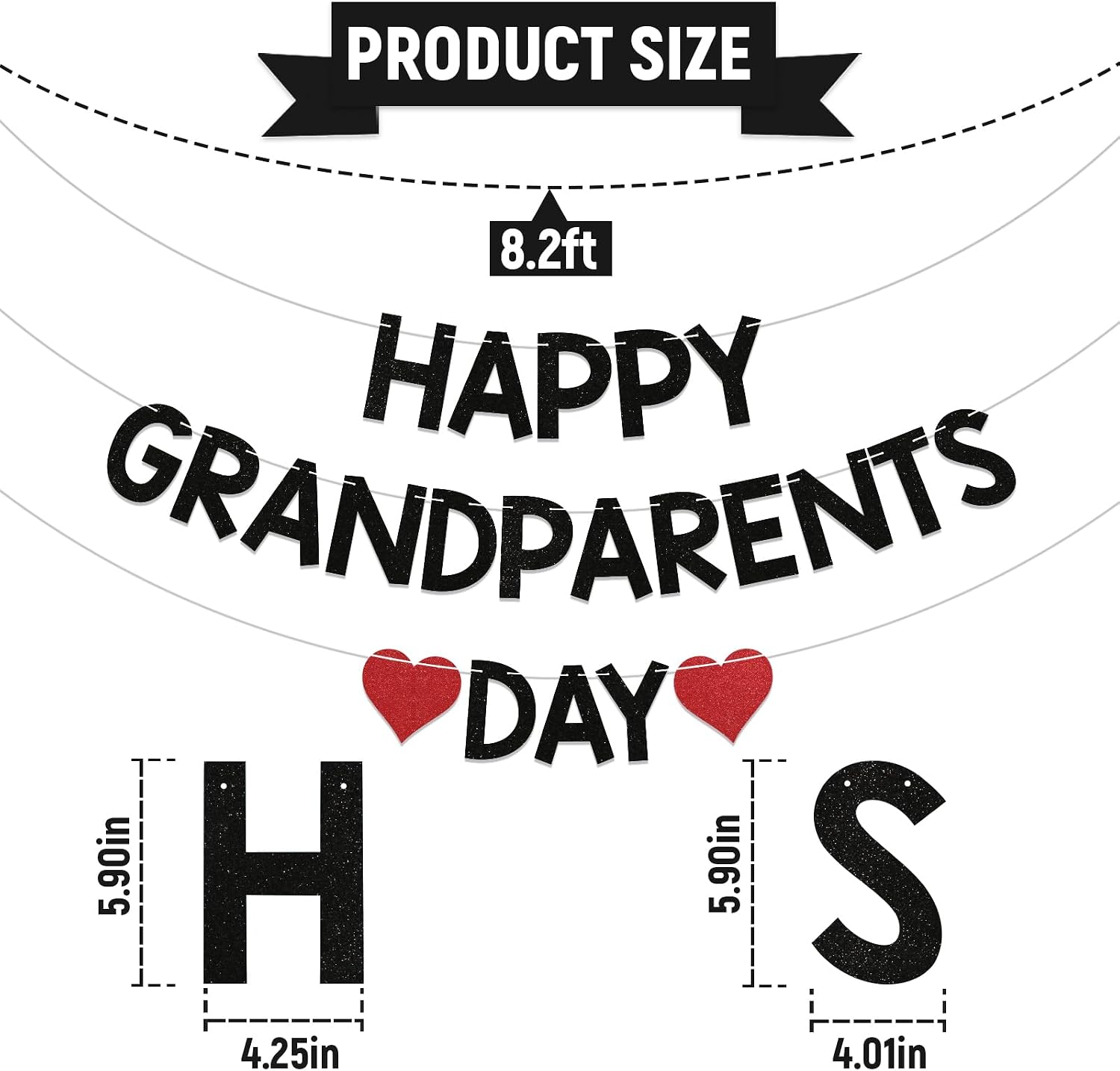 Happy Grandparents Day Banner - Best Grandpa Grandma Banner, Family Holiday School Event Retirement Love Grandparents Party Decor Supplies Black Glitter