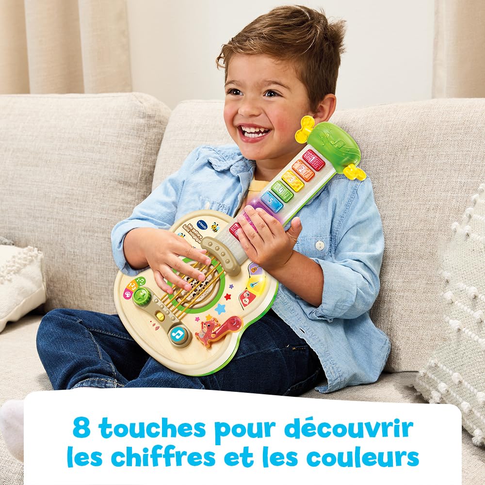 VTech - Ma Guitare Lumi Magique, Instrument de Musique Partiellement en Bois, Guitare Acoustique et Électrique, Jeu d'Éveil Musical et de Motricité Fine, Cadeau Bébé Dès 18 Mois - Contenu en Français
