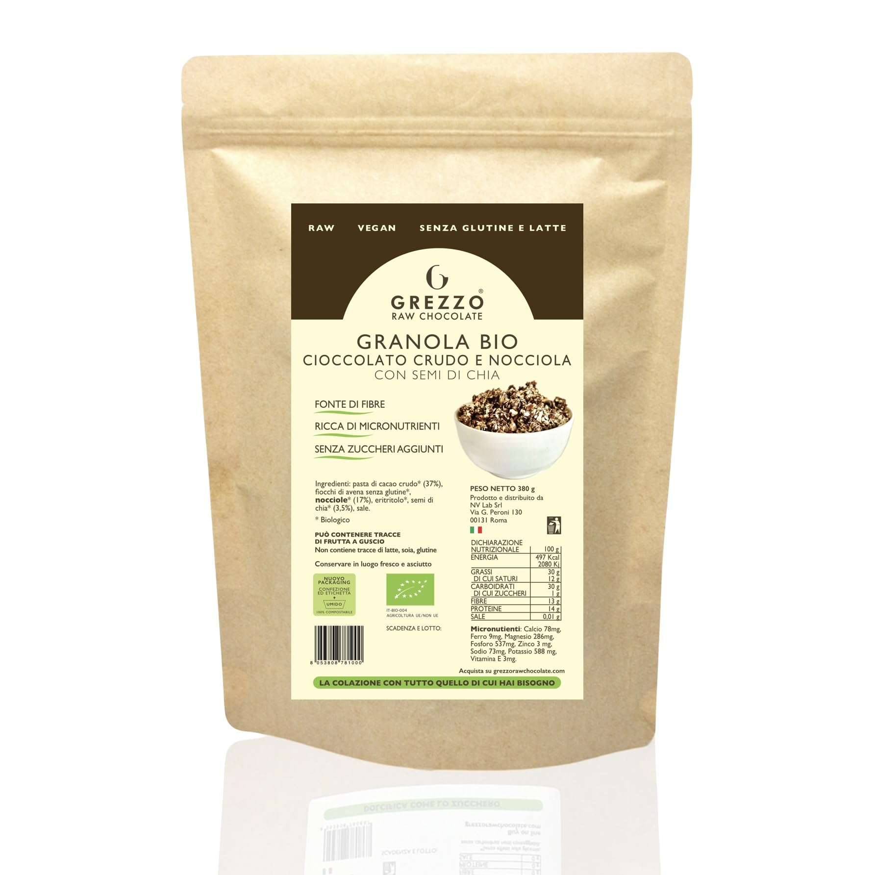 Confezione da 2 GRANOLA BIO CIOCCOLATO CRUDO e NOCCIOLA con SEMI DI CHIA di Grezzo Raw Chocolate, la colazione con tutto quello di cui hai bisogno (380 g x2)