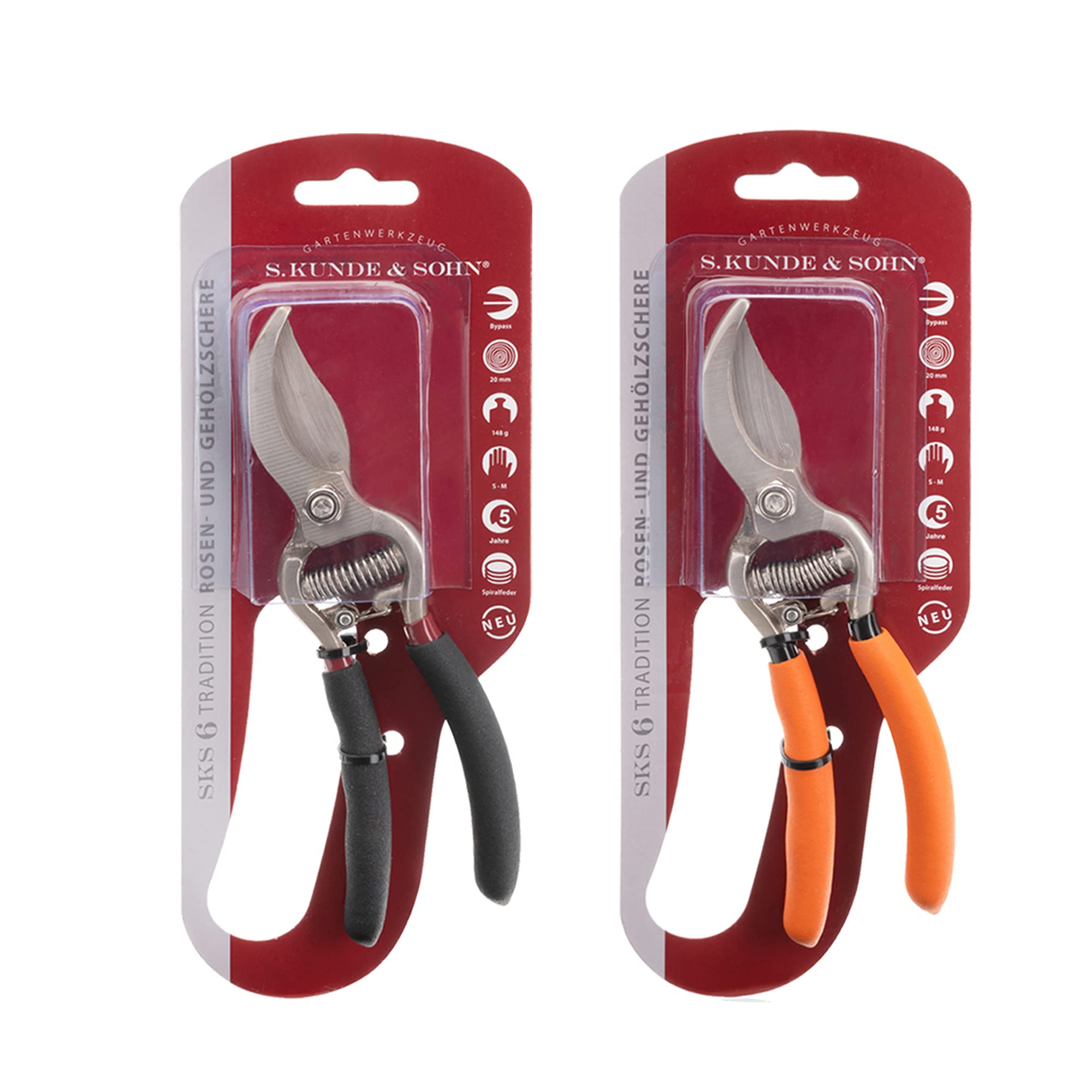 S. Kunde & Sohn Germany – die leichteste geschmiedete Gartenschere 2ER-Set 2X SKS6 – ergonomisches Design – Bypass – Rosen-Rebschere – ∅20mm – kompl. beschichtet, rostfrei
