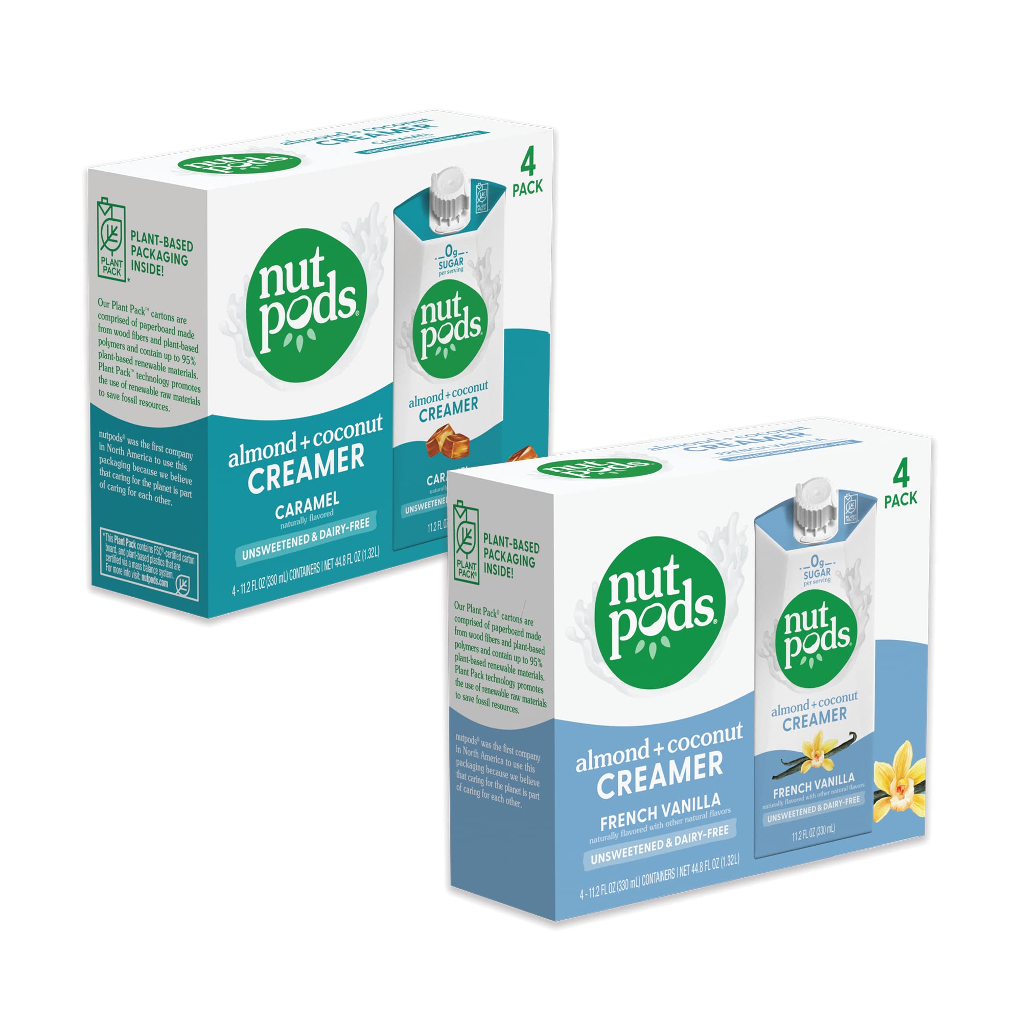 Caramel Macchiato Non Dairy Coffee Creamer Bundle: a 4 pack of Caramel and 4 pack of French Vanilla, Made from Almonds and Coconuts with zero sugar.