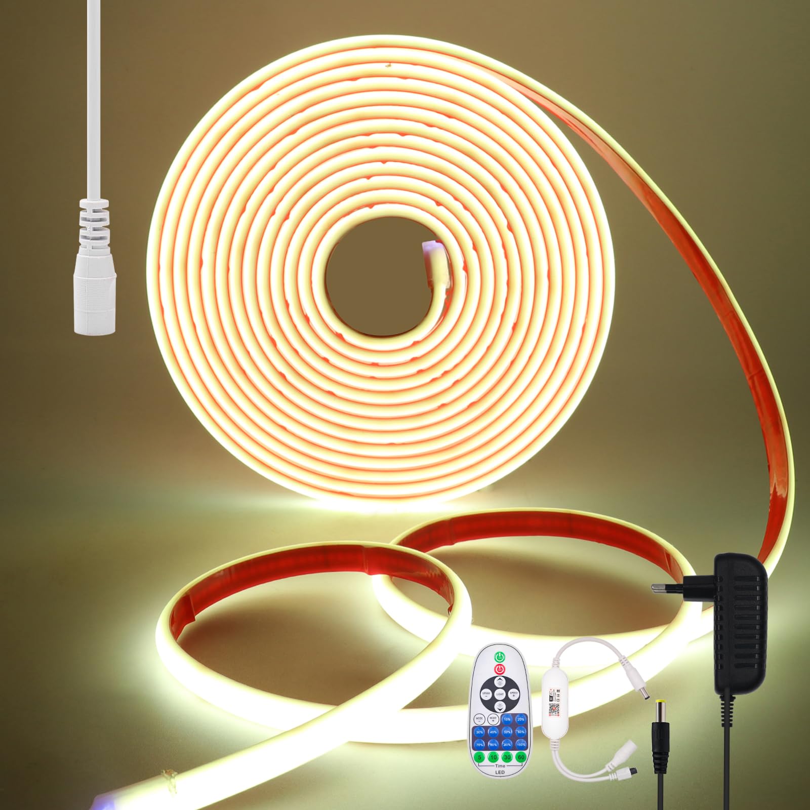 KISUFU Nastro LED COB 12 V, impermeabile IP68, 320 LEDs/M, super luminoso, fascia flessibile a LED, striscia luminosa con Wifi dimmer per casa, camera da letto, cucina, decorazione, bianco, 5 m
