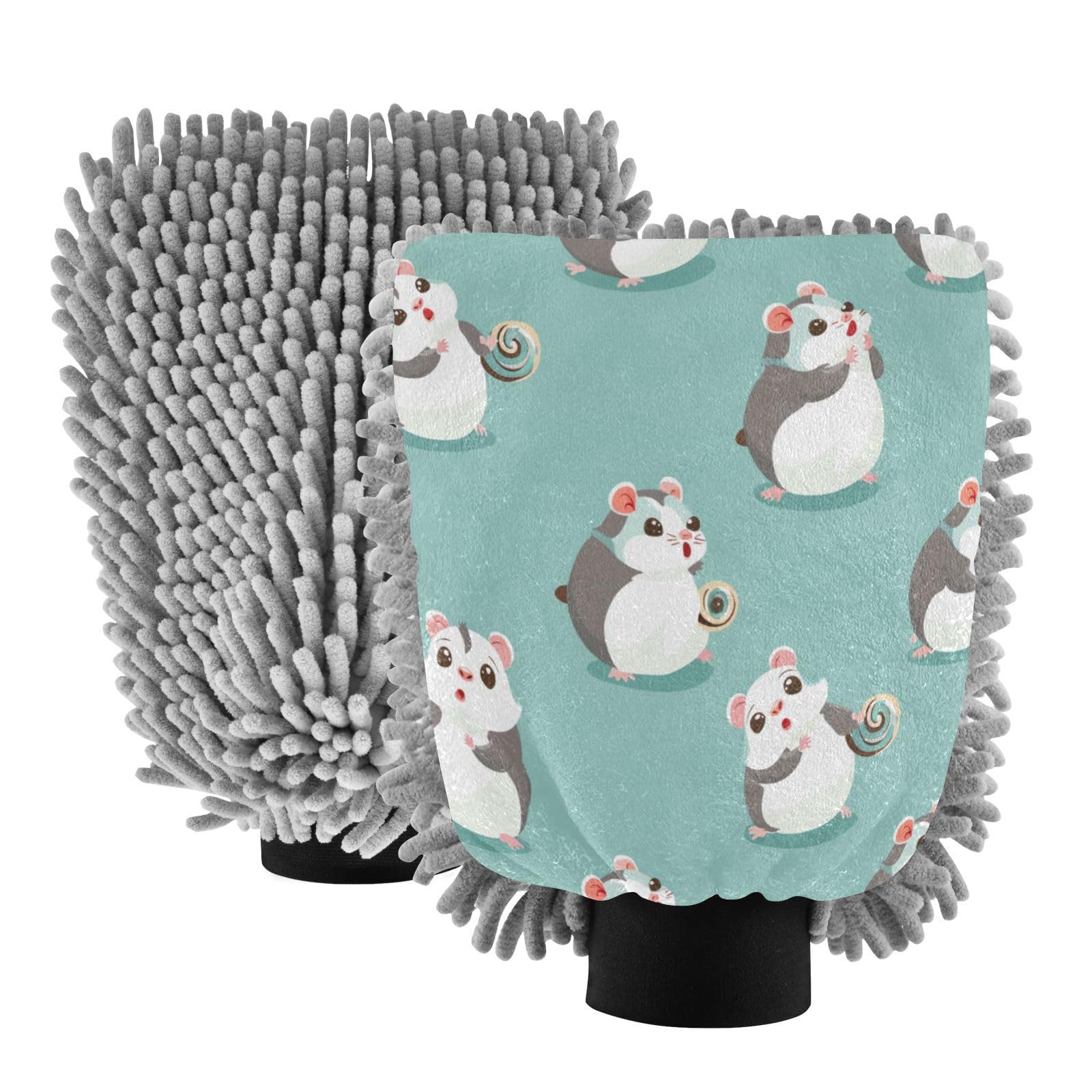 ALAZA Cute Hamsters Cartoon Car Wash Mitt Scratch Free, 2 Pack Absorbent Microfiber/Chenille Washing & Drying Mitts, M
