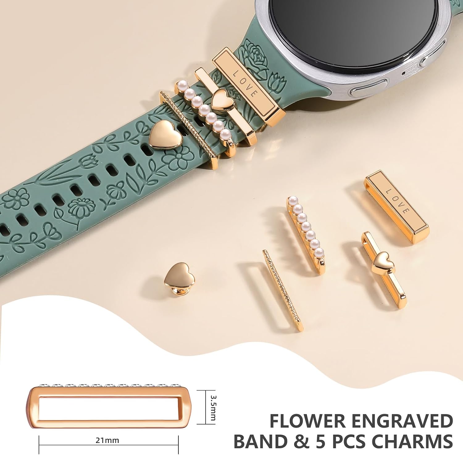 DaQin Flower Engraved Bands Compatible with Samsung Galaxy Watch 8 Band 40mm 44mm/Galaxy Watch 8 Classic 46mm, Soft Silicone Replacement Strap with Fancy Decorative Charms Accessories for Women