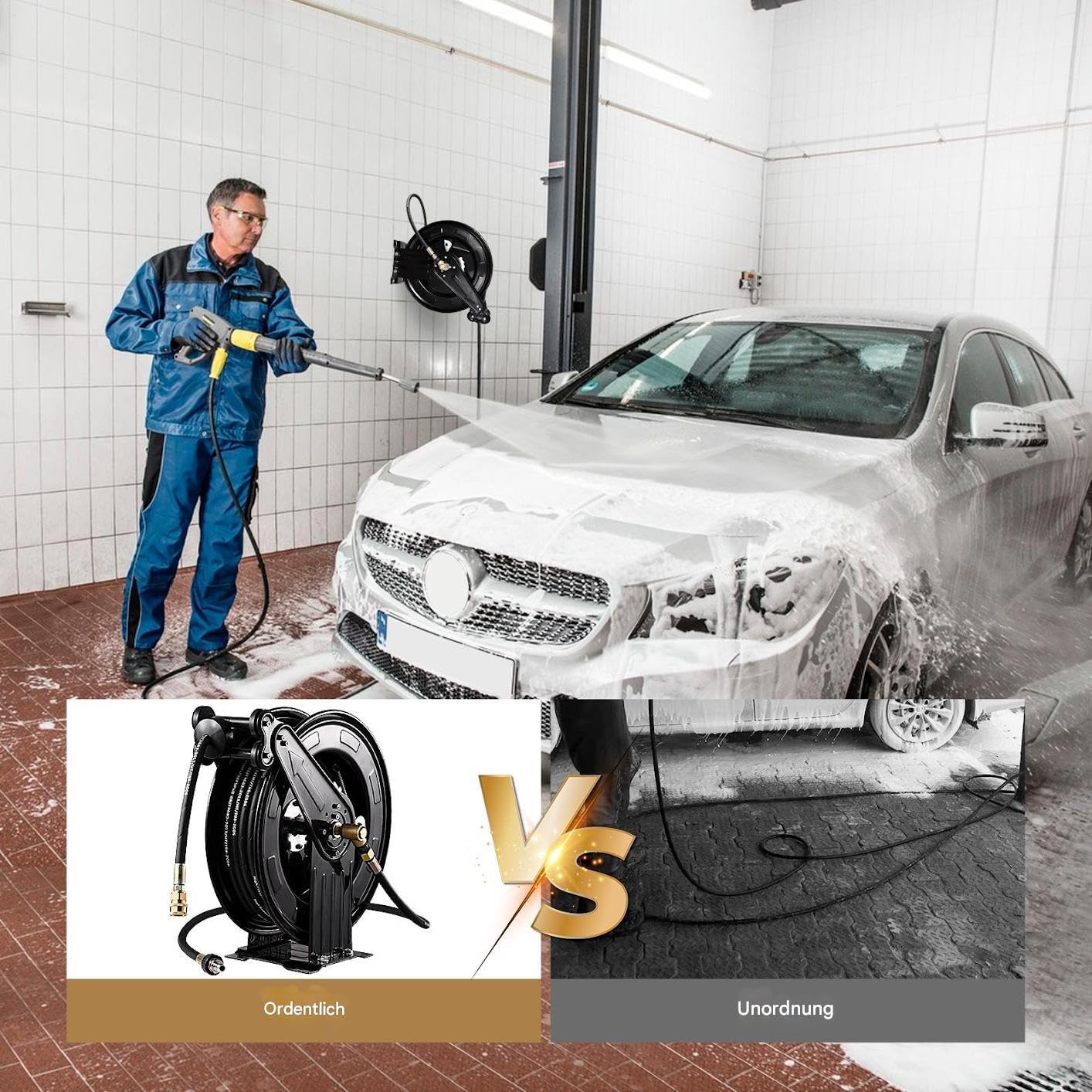 Avvolgitubo per lavatrice ad alta pressione, avvolgitubo per idropulitrice ad alta pressione, in acciaio resistente, 4000 psi, con avvolgimento automatico, doppio braccio, per la pulizia di automobili