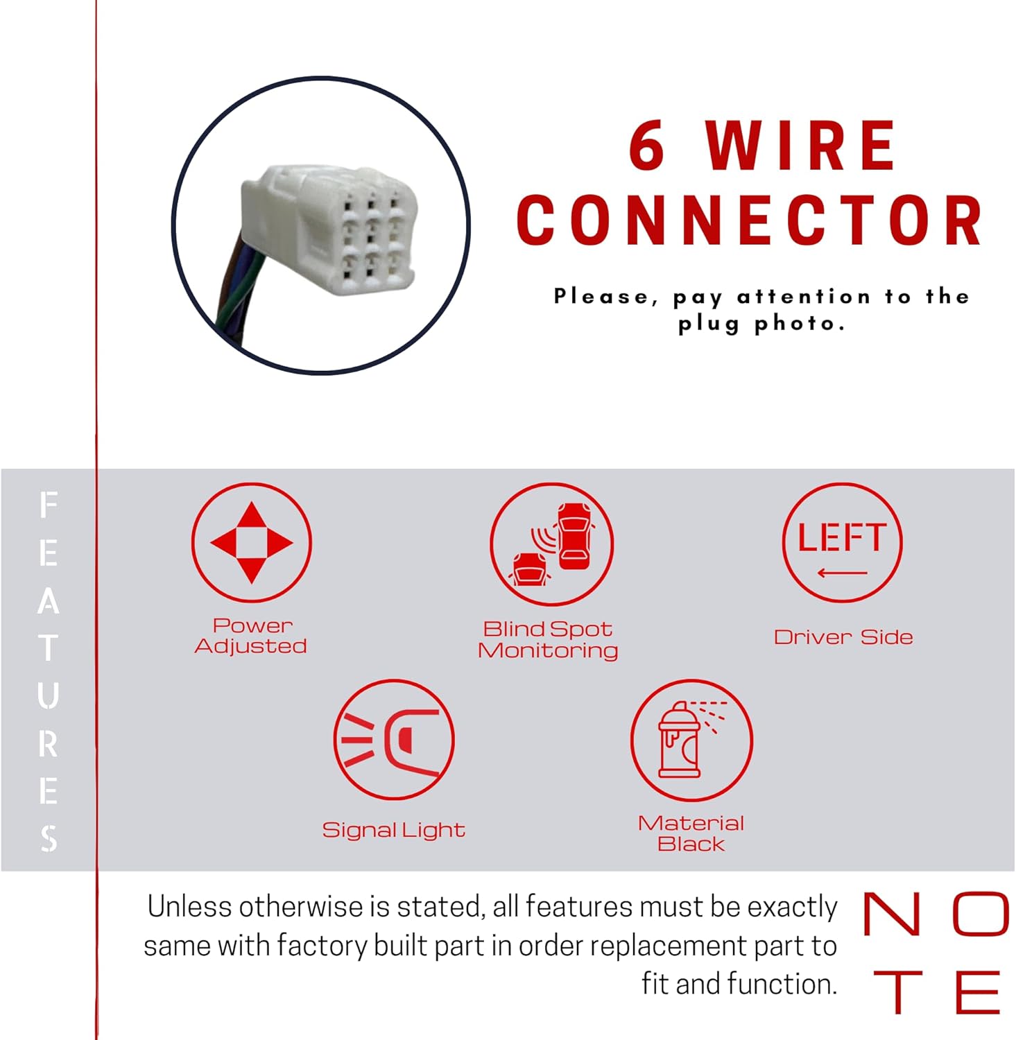 Spieg Driver Side Mirror for 2014 2015 2016 Mazda 6 Power Adj Non-Heated BSM Blind Spot Monitoring Turn Signal Light Black 6 Pins Left MA1320187