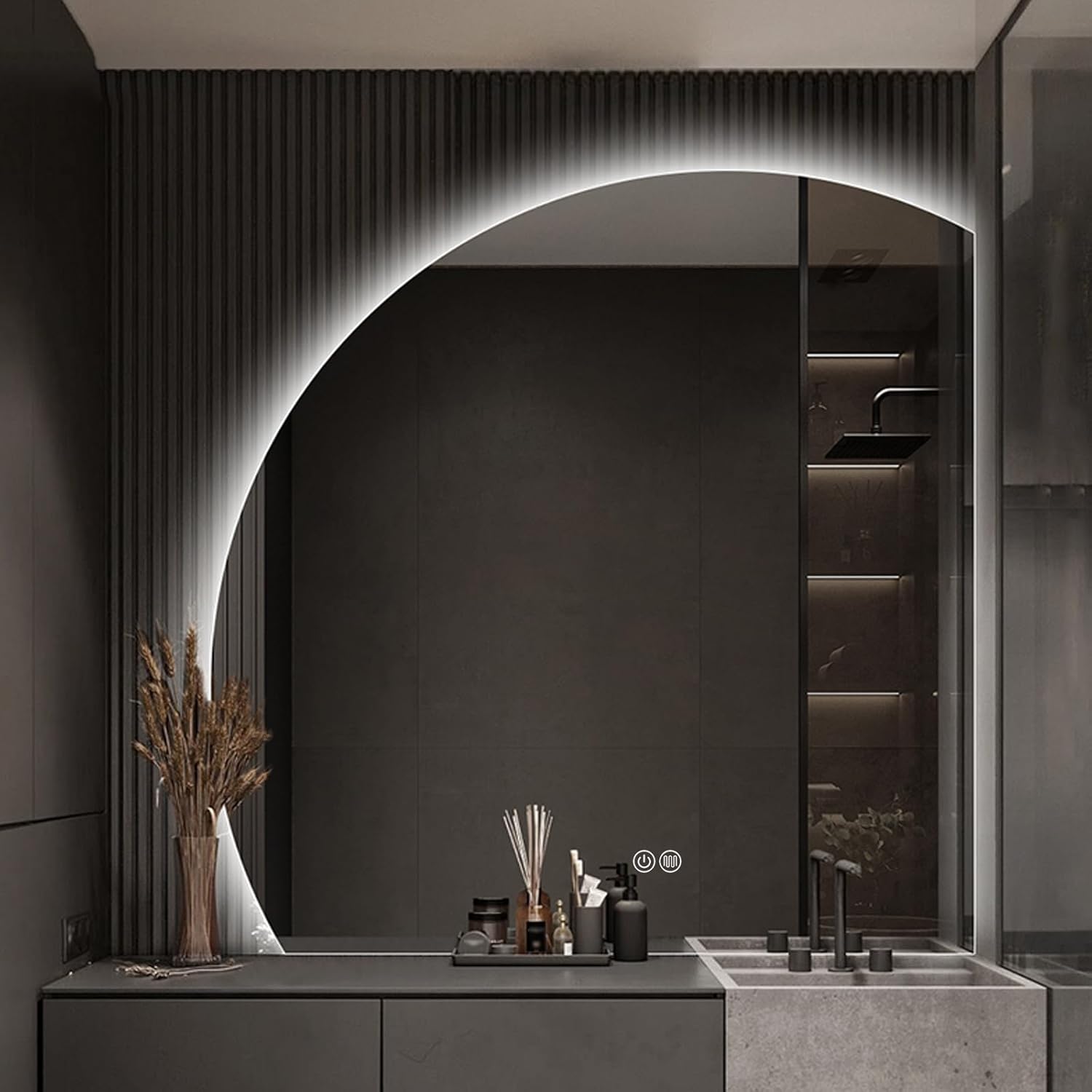 フレームレス 50cm 半円型 LED バックライト付きバスルームミラー - スマートタッチ 曇り止め 3色照明 メイクアップや身だ