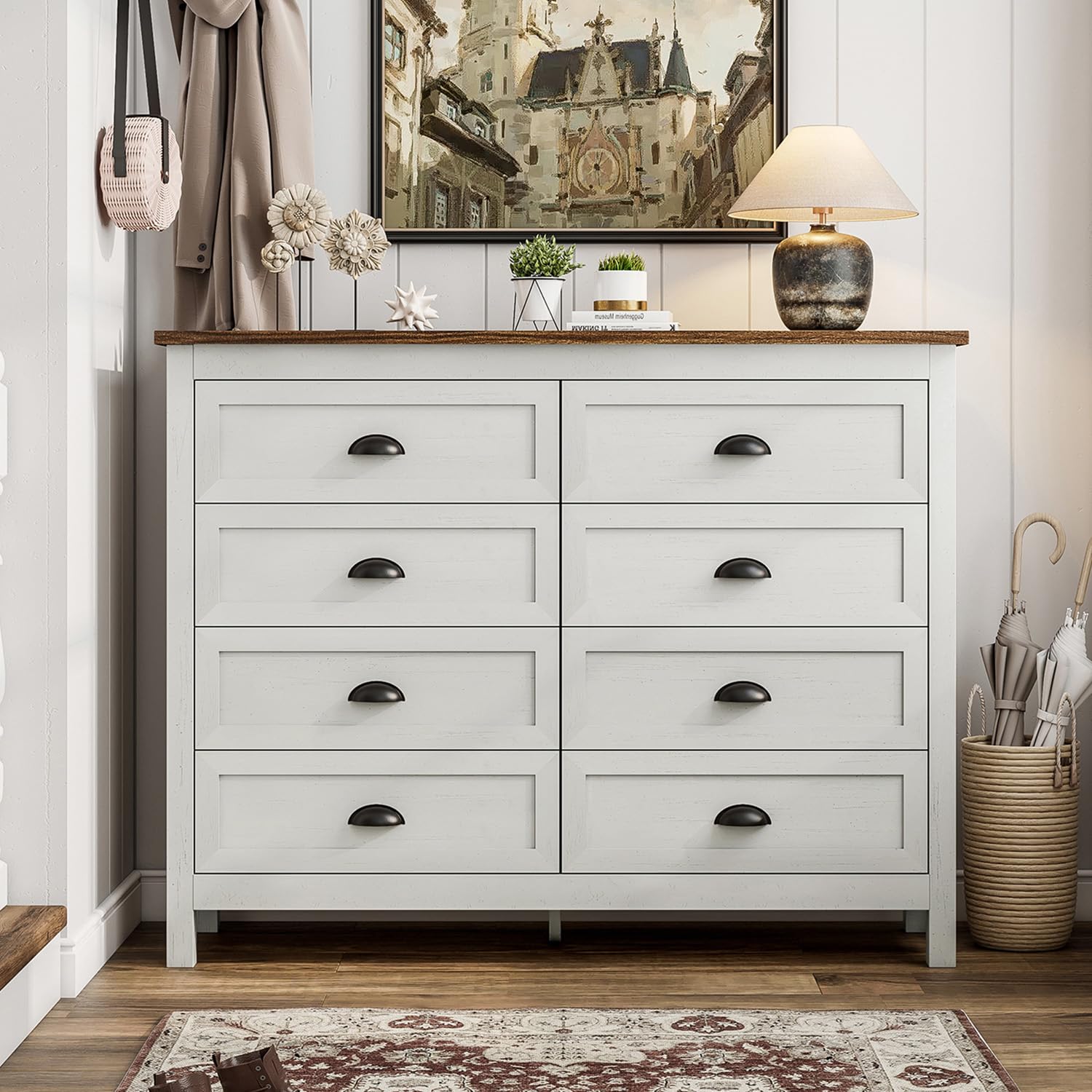 Farmhouse White Dresser for Bedroom, Vintage 8 Drawer Dresser & Chest of Drawer with Metal Handle and Storage, Wood Rustic Dresser Organizer for Living Room, Hallway