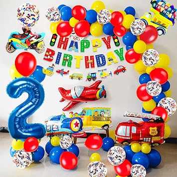 iZoeL 2 Birthday Decorations Boy Cars Birthday Decorations Kids Cars Party 2 Year Old Second Boy Balloon Arch Baby Boy Transport Construction Balloons