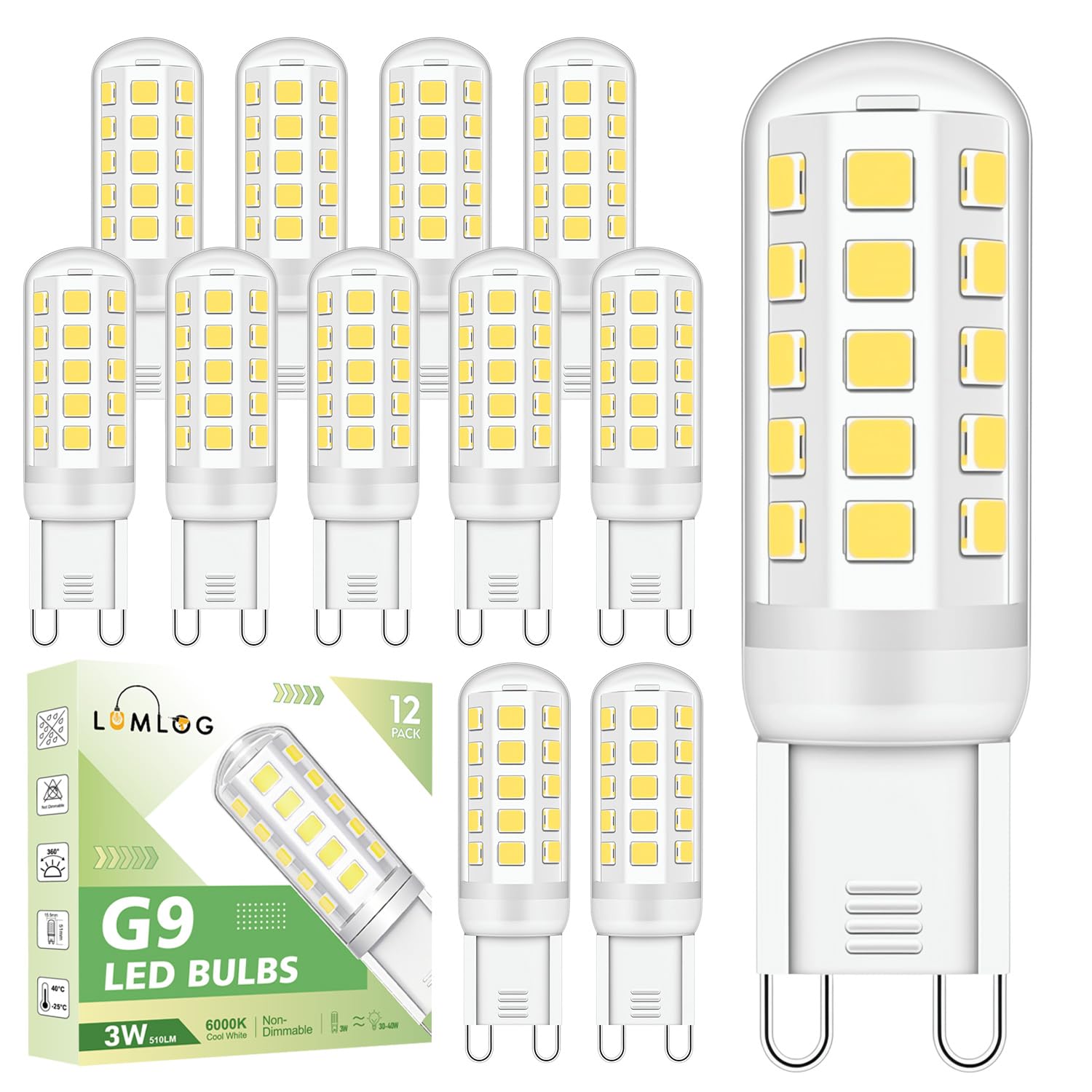 Lumlog G9 Led Bulbs Cool White 12-Pack, 3W 510Lm, 6000 Kelvin 220-240V ed Light Bulb, Equivalent to 30-40W Halogen, No Flicker Non-Dimmable Energy Saving, for Home Lighting Decor[Energy Class C]