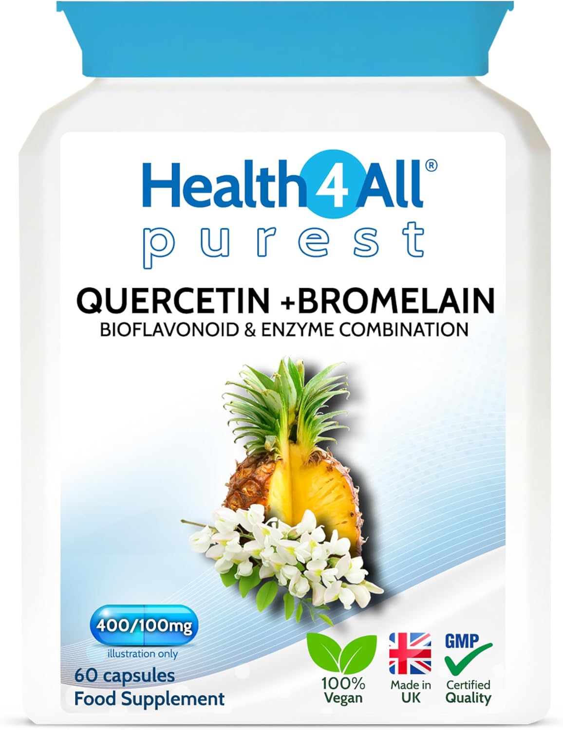 Health4All Quercetin 400mg + Bromelain 100mg per Capsule, Natural Antihistamine, Balances Immune Response, Pure Vegan 60 Capsules (not Tablets) | Made in UK
