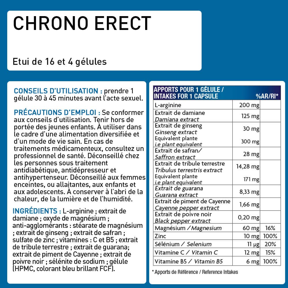 CHRONOERECT - Améliore Désir, Libido, Erection, Volume et Performances - Ingrédients Naturels dont L-Arginine, Ginseng, Safran, Zinc - 16 Gélules - Eric Favre