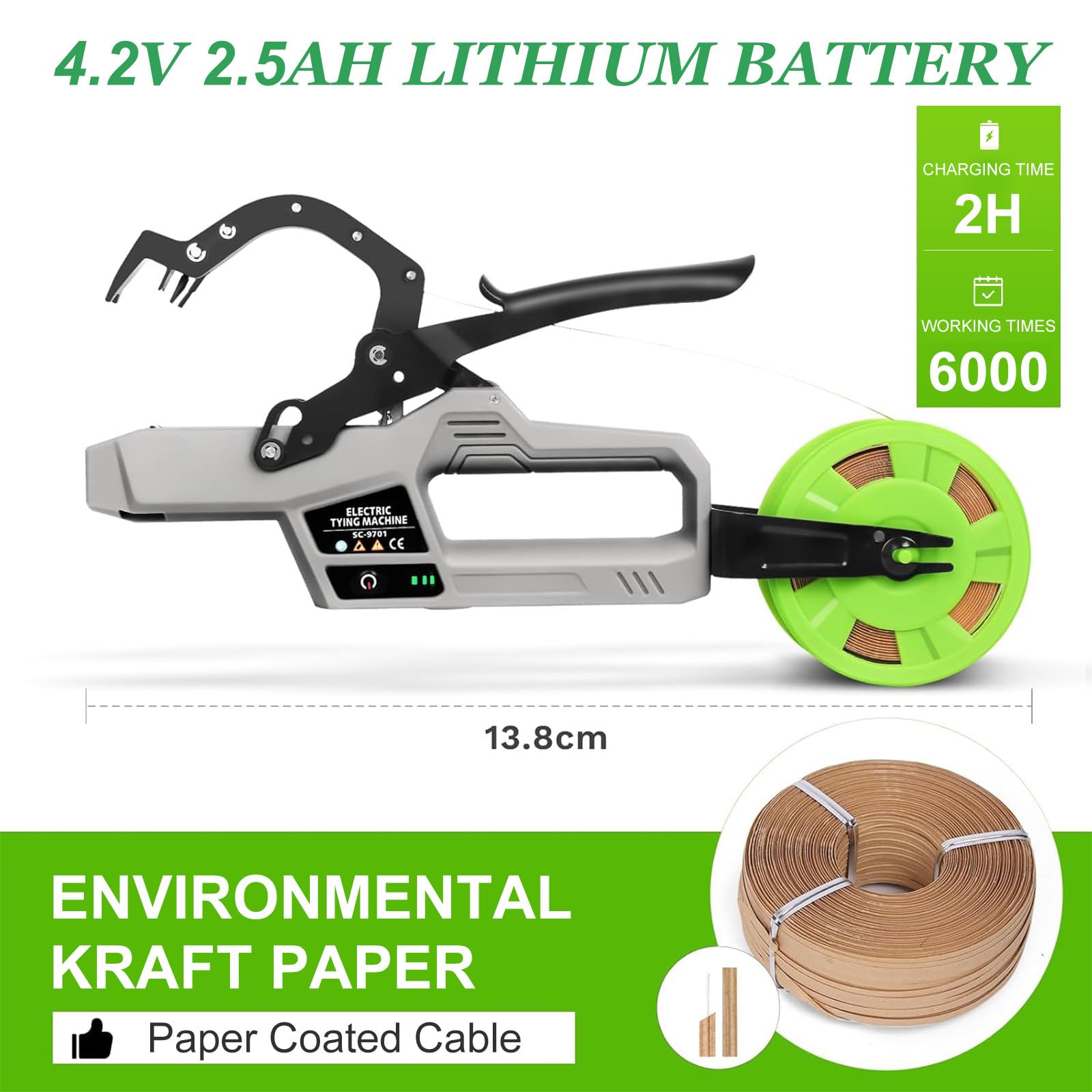 Herramienta atadora de vides con 2 Rollos de Cinta para Uvas, Tomates, pepinos, frambuesas y vides de hortalizas. Máquina eléctrica para Atar Ramas: Soporte para Plantas Esfuerzo.