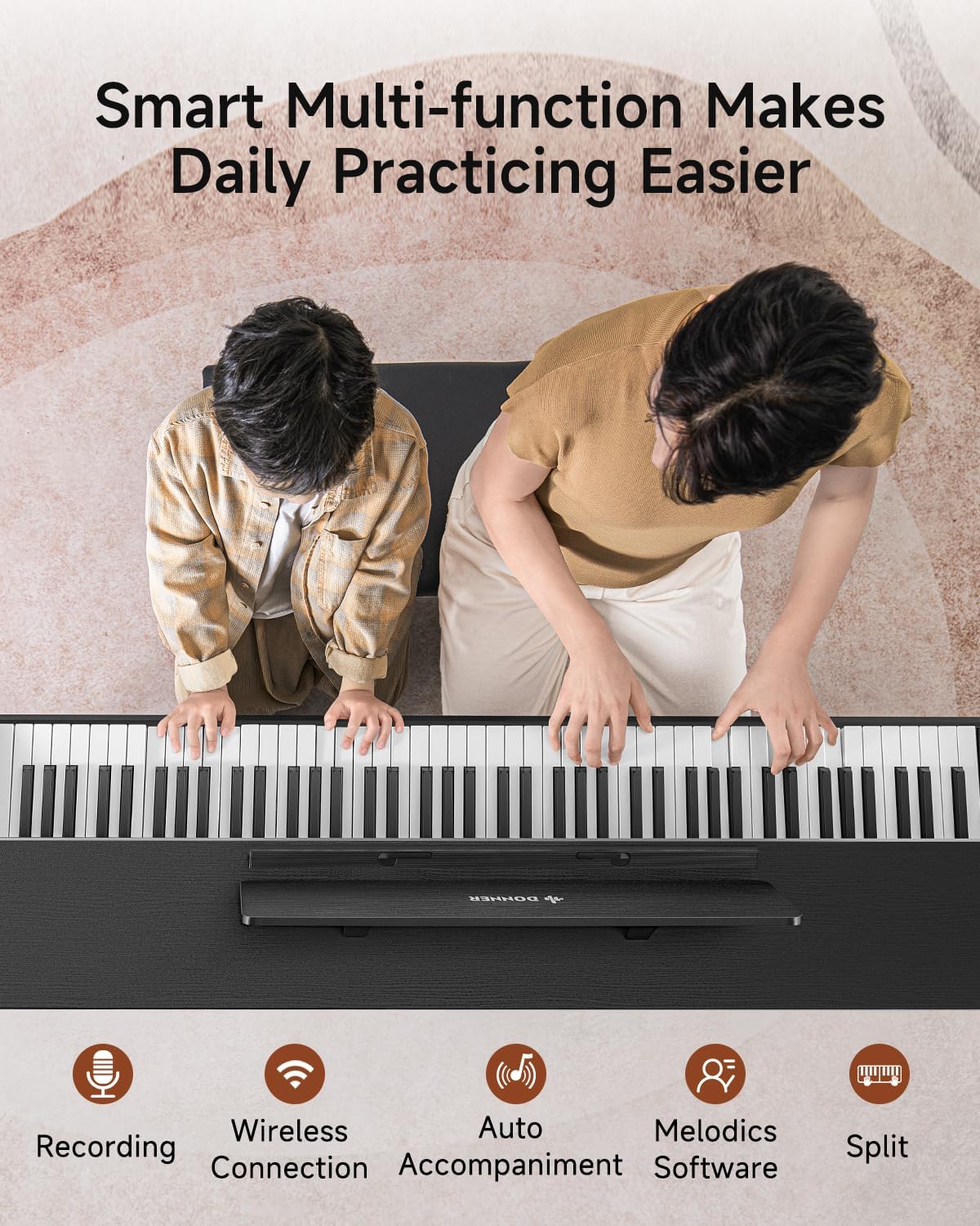 Donner DDP-200 Pro Digital Piano showcasing smart multi-function features for practice
