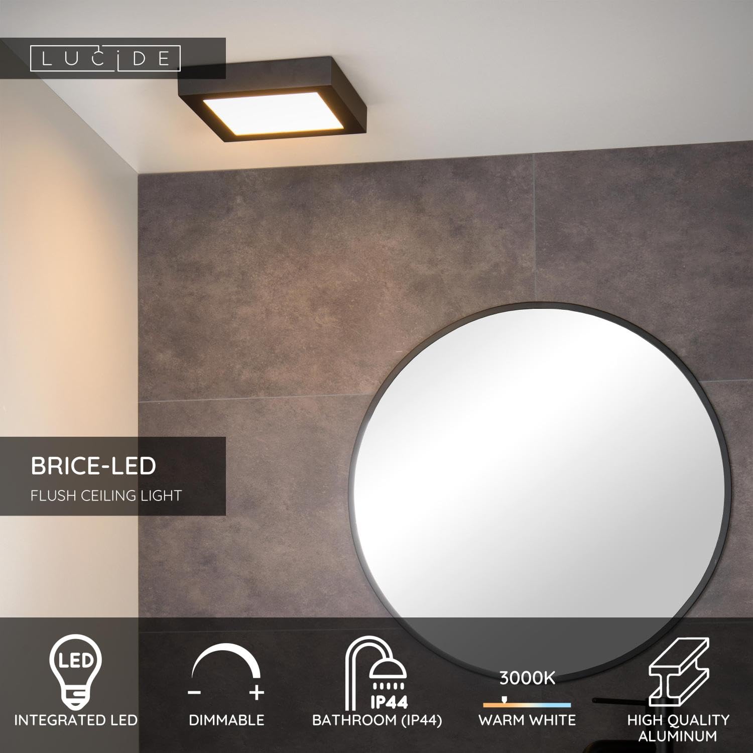 LUCIDE BRICE-LED - Deckenleuchte Badezimmer - LED Dim. - 1x22W 3000K - IP44 - Schwarz