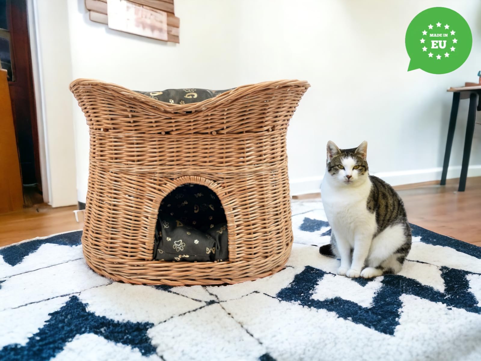 Cesto per gatti in vimini, cuccia per interni, a due piani, con cuscini lavabili marrone scuro, misura L, 60 cm, ovale