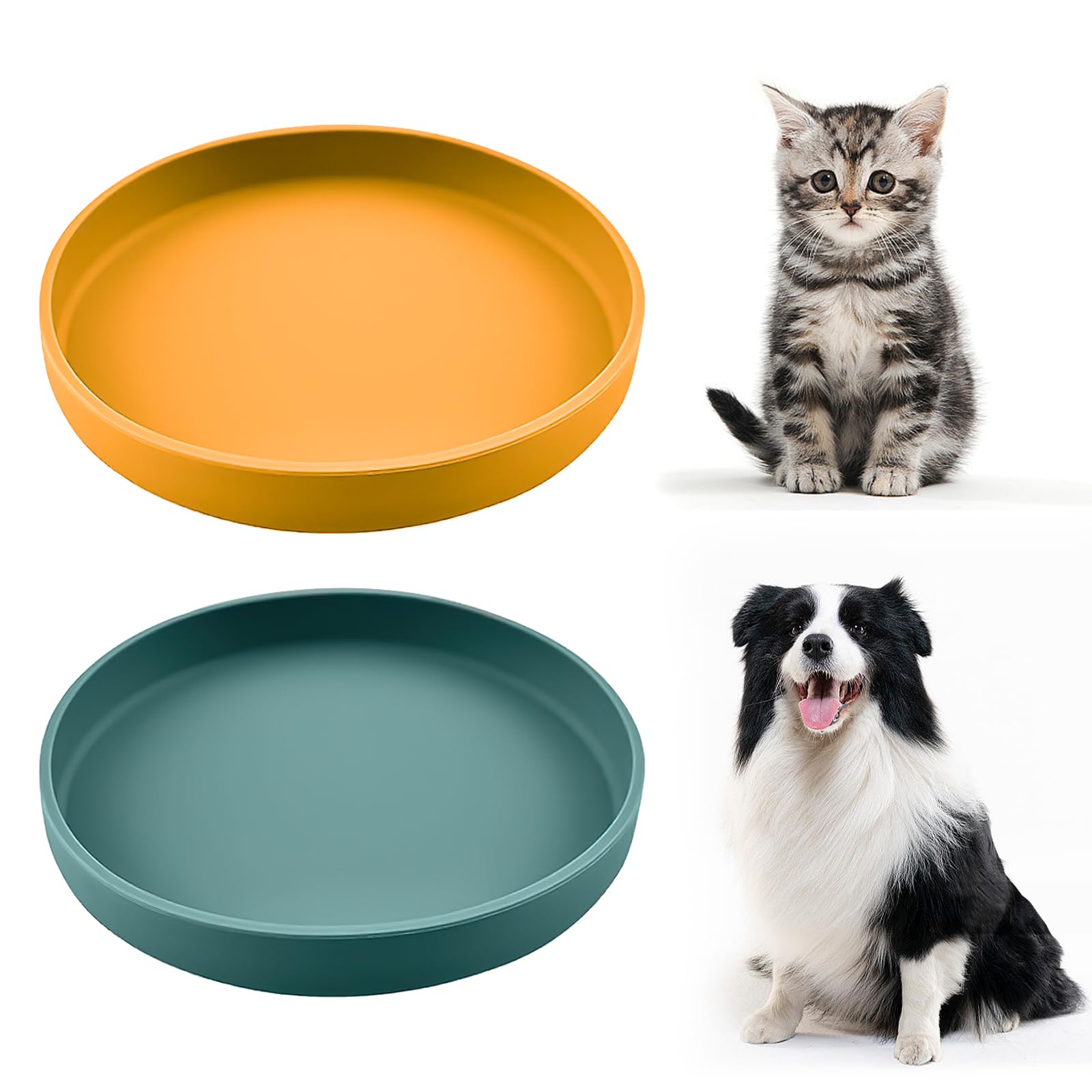 FINEASY 2Pcs Silicone Shallow Cat Bowl, Whisker Friendly Feeding Dish for Dry and Wet Food, Water Bowl for Cats and Dogs (Green, Orange)
