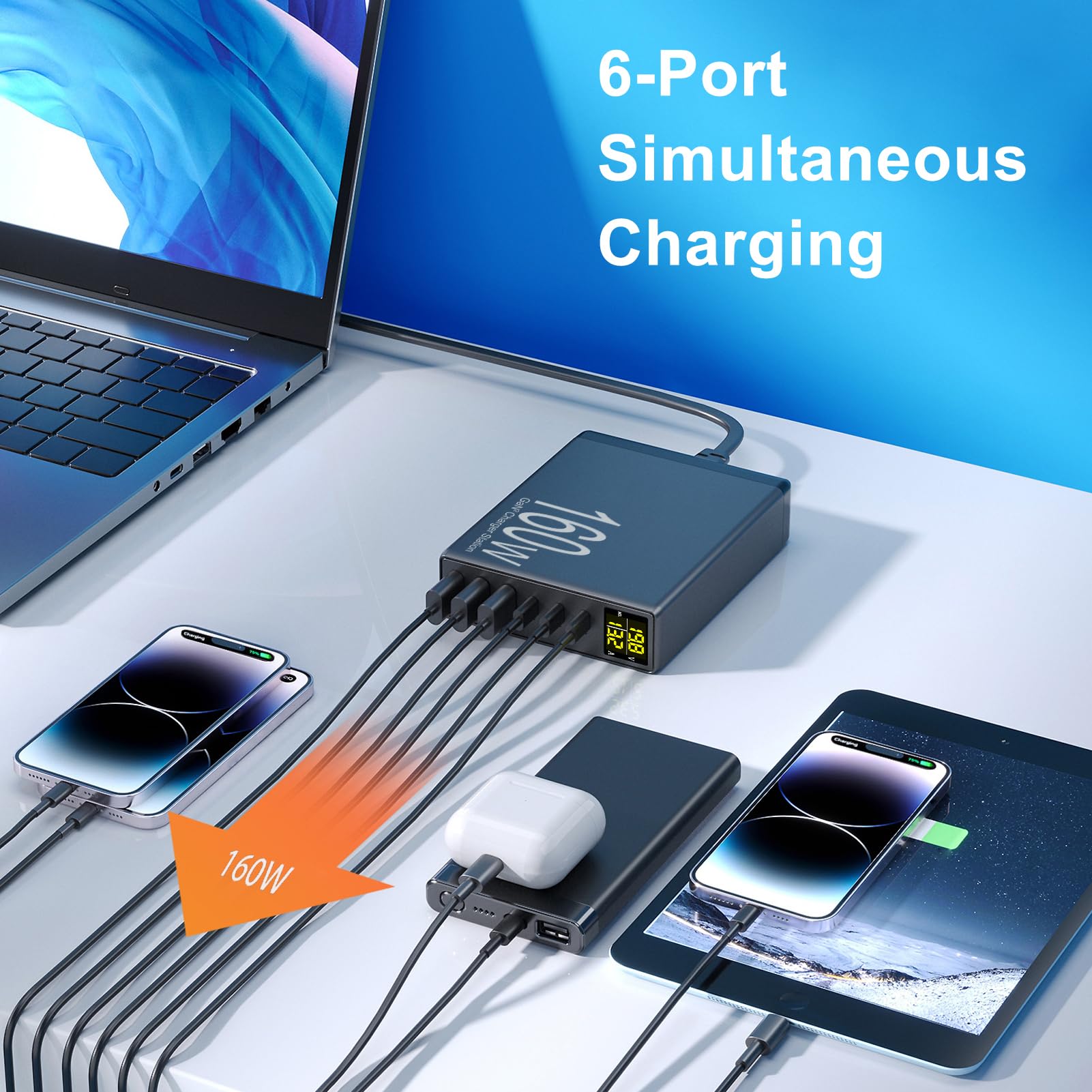 Ładowarka USB C, 160 W GaN 6-portowa stacja szybkiego ładowania z wyświetlaczem LED, zasilacz wieloportowy, pasuje do MacBook, iPada, iPhone 15/14/13/Pro/Max, Samsung, tabletu PC
