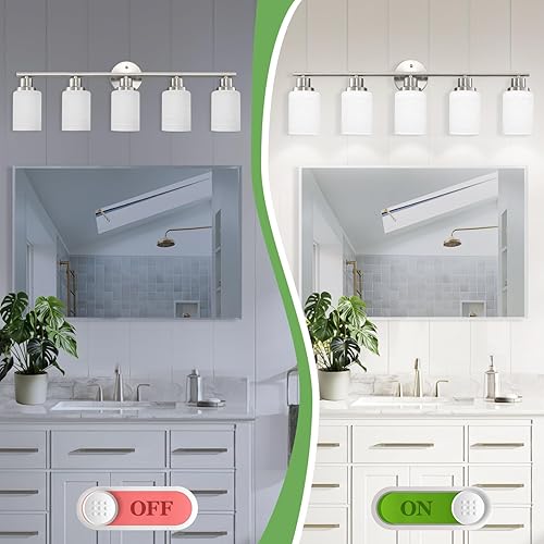 Miniatura 5 de Luces de tocador de níquel cepillado de 5 luces, lámparas de baño con pantalla de vidrio blanco lechoso texturizado, accesorios de iluminación
