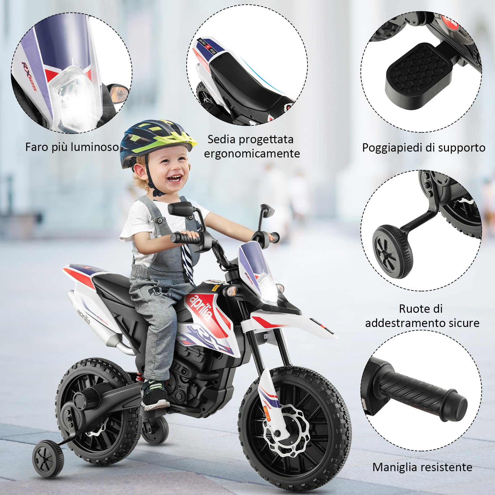 RELAX4LIFE Moto Elettrica Aprilia RX 12 V per Bambini, con Rotelle Ausiliarie, 5,5-6 km/h, Luci,Musica,Fari, Carico 30 KG, per Bambini 3-8 Anni