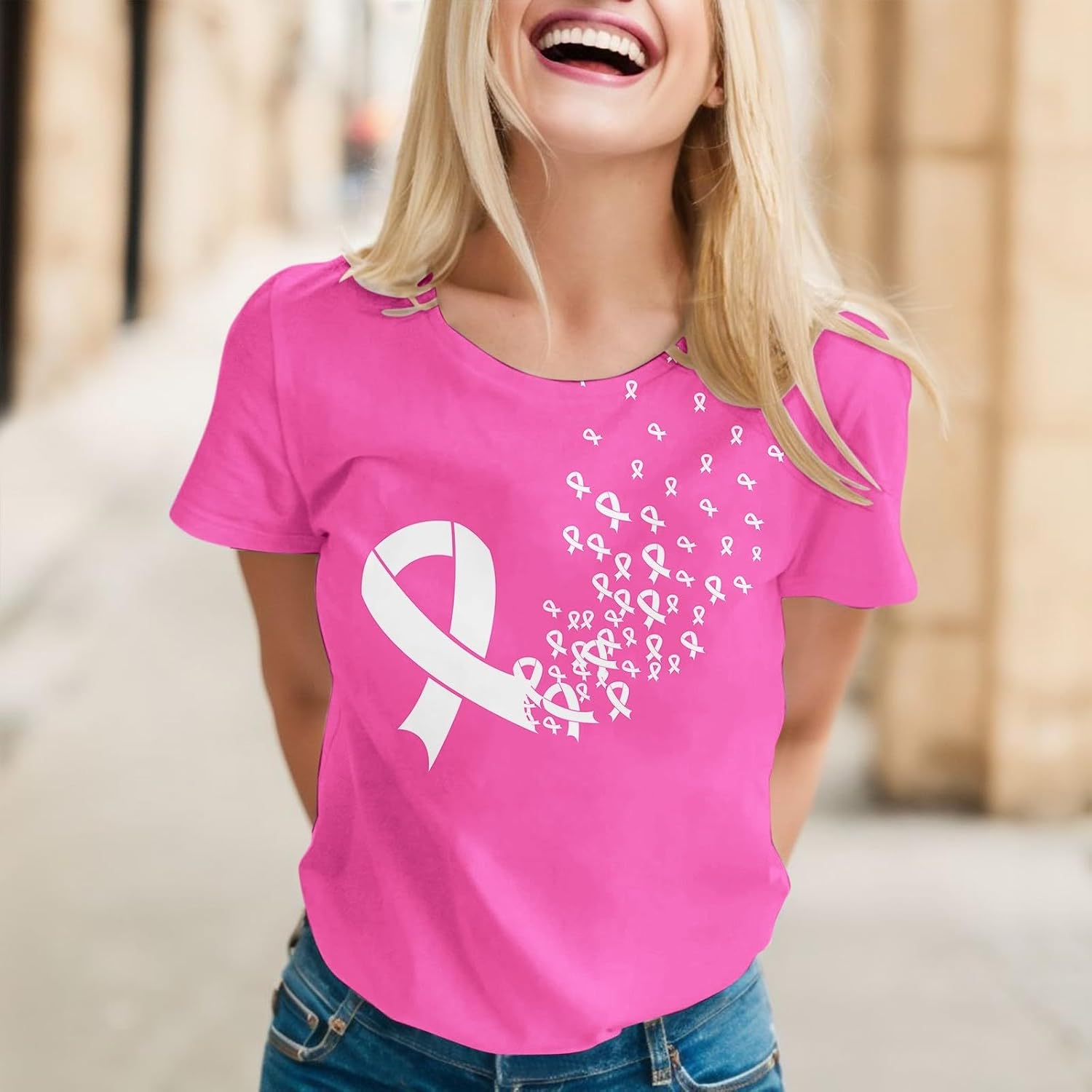 Tee Shirt Octobre Rose Femme Imprimé Ruban Rose Cancer du Sein Tshirt À Manches Courtes Co - Analyse des détails et conception