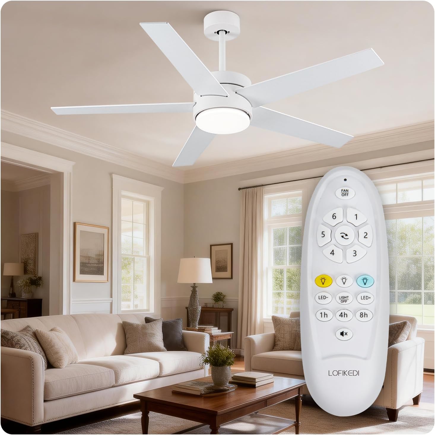 52 Inch White Ceiling Fan with Light, Modern Ceiling Fan with Light and Remote Control, Reversible DC Motor, Stepless Dimmable, Noiseless Modern Ceiling Fan for Indoor Use, White (White)