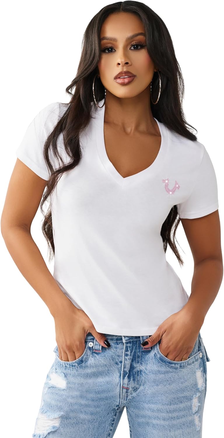 True Religion Women’s Crystal Sporty V-Neck Tee – Short Sleeve Cotton Blend T-Shirt with Rhinestone Logo Design