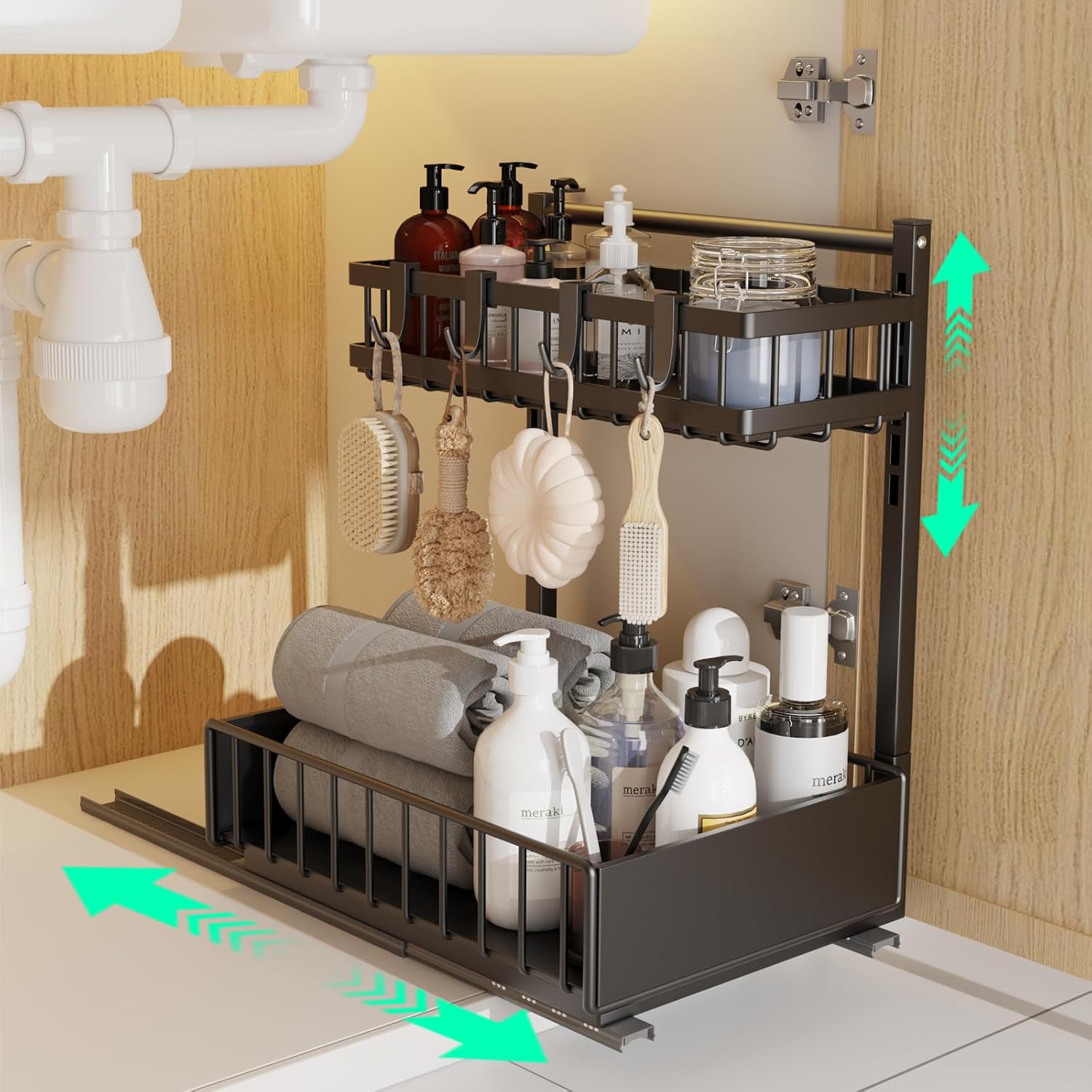 Pull out Cabinet Organizer, 2 Tier Under Sink Organizer, Slide out Kitchen Cabinet Organizers Drawer Shelf,Sliding Storage Shelves for Kitchen Bathroom Pantry Cabinet Closet Organization Rack,Black