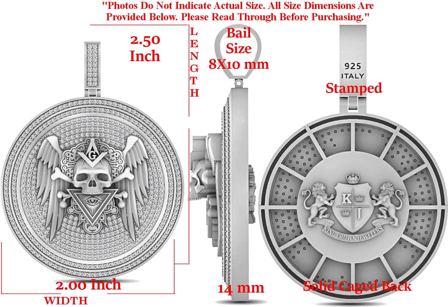 45+ Grams Big 2.50 Inch. VVS1/D 6.65 Ctw. Natural Moissanite Diamonds Masonic Freemasonry All Seeing Eye Of Providence Skull & Bones Charm Pendant Chain Neckless