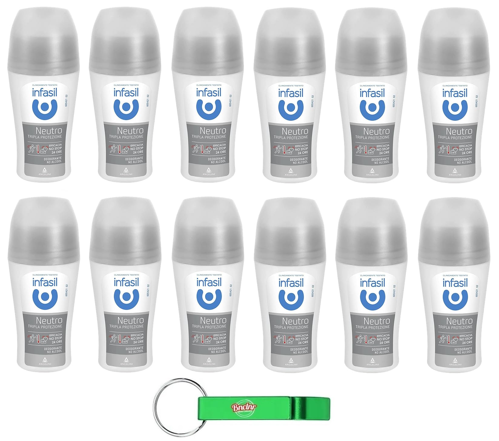 12 x Infasil Deodorant Roll On Neutral Dreifacher Schutz, wirksam gegen Schweiß und schlechte Gerüche, ohne Alkohol, Deo Roll-On 50 ml + Schlüsselanhänger Beni Culinari gratis