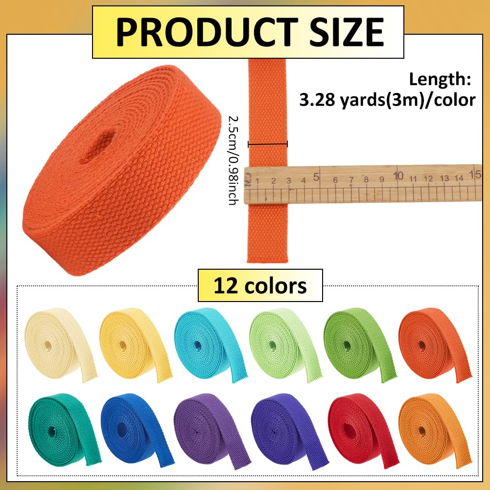 BENECREAT 39.37 Yards 12 Colors Heavy Polycotton Webbing, 1Inch Mixed Webbing Straps for Bags Handles, Tote Bag Webbing, Cloth Belt, Making Outdoor Supplies (Bright Color)