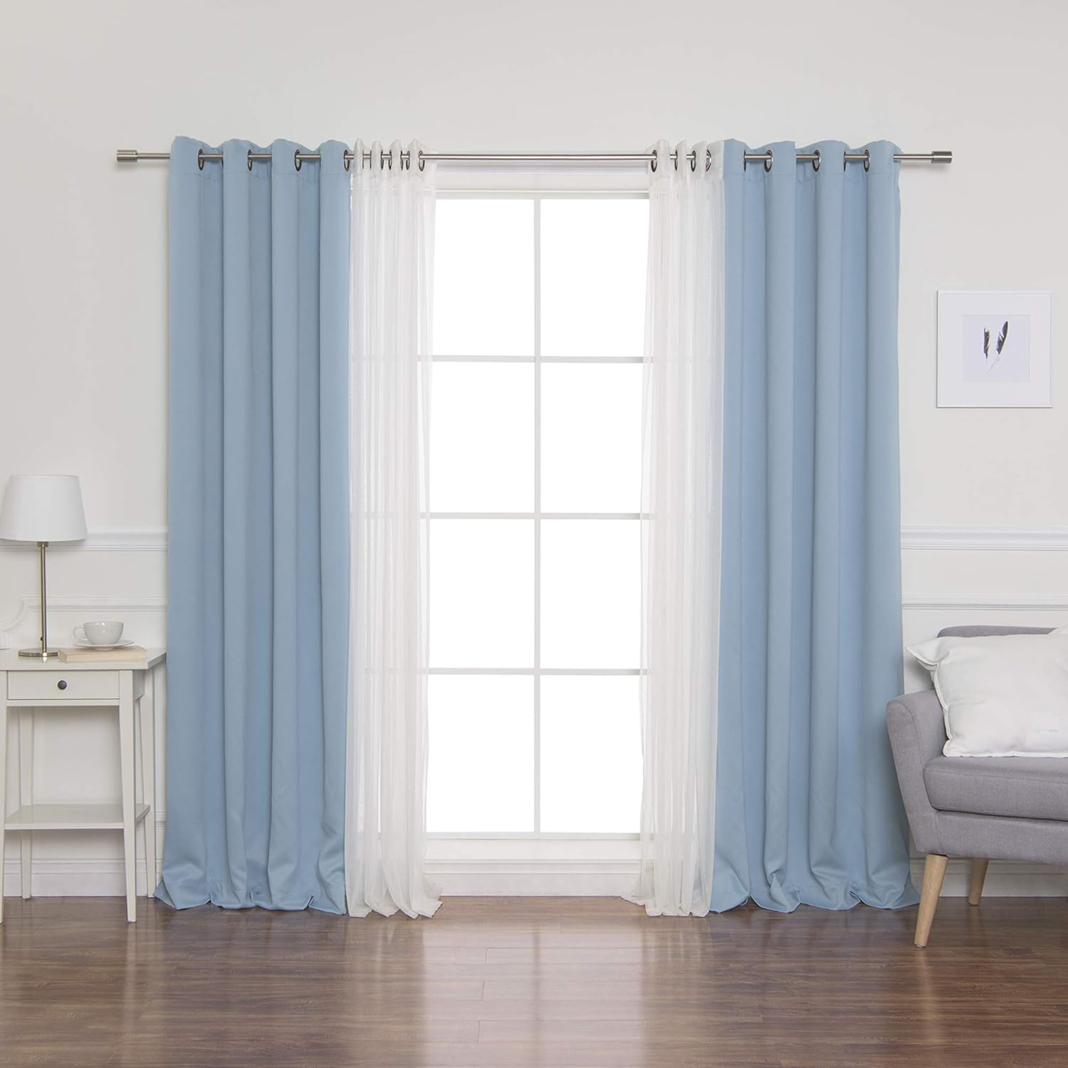 Best Home Fashion Mix & Match Tulle Sheer Lace & Blackout Curtain Set - Antique Bronze Grommet Top - ocean - 52"W X 84"L - (2 Curtains and 2 Sheer curtains)